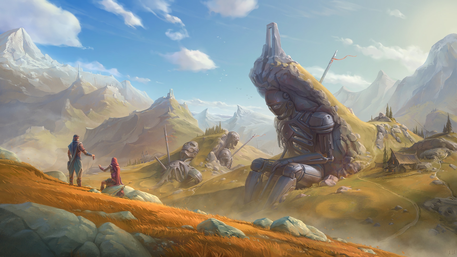 Fantasy landscape with giant robot ruins and travelers HD Wallpaper
