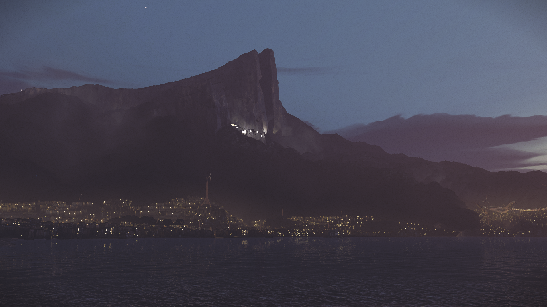 Dishonored 2: City lights at dusk by the mountains HD Wallpaper
