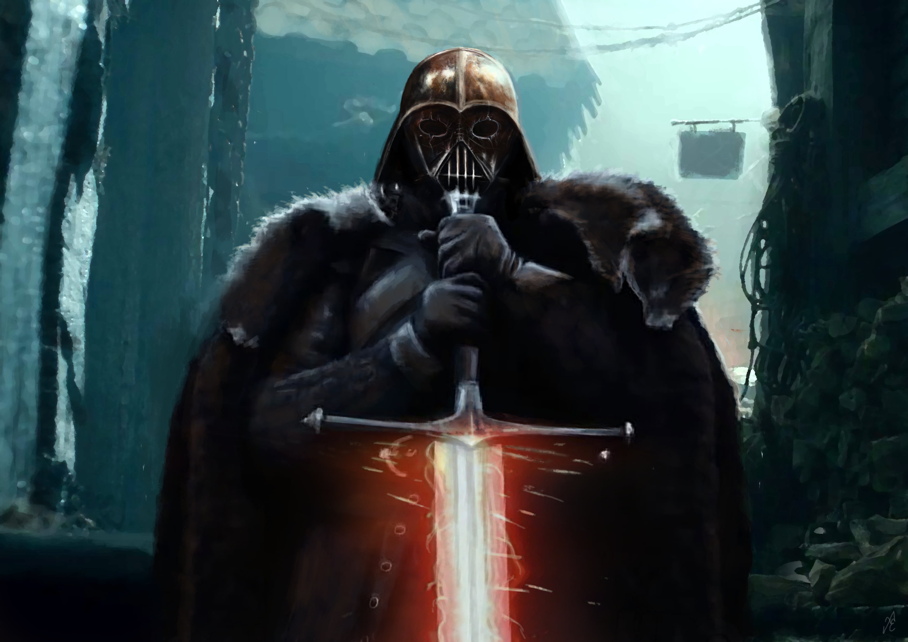 Darth Vader in Medieval Fantasy Art with Glowing Sword HD Wallpaper