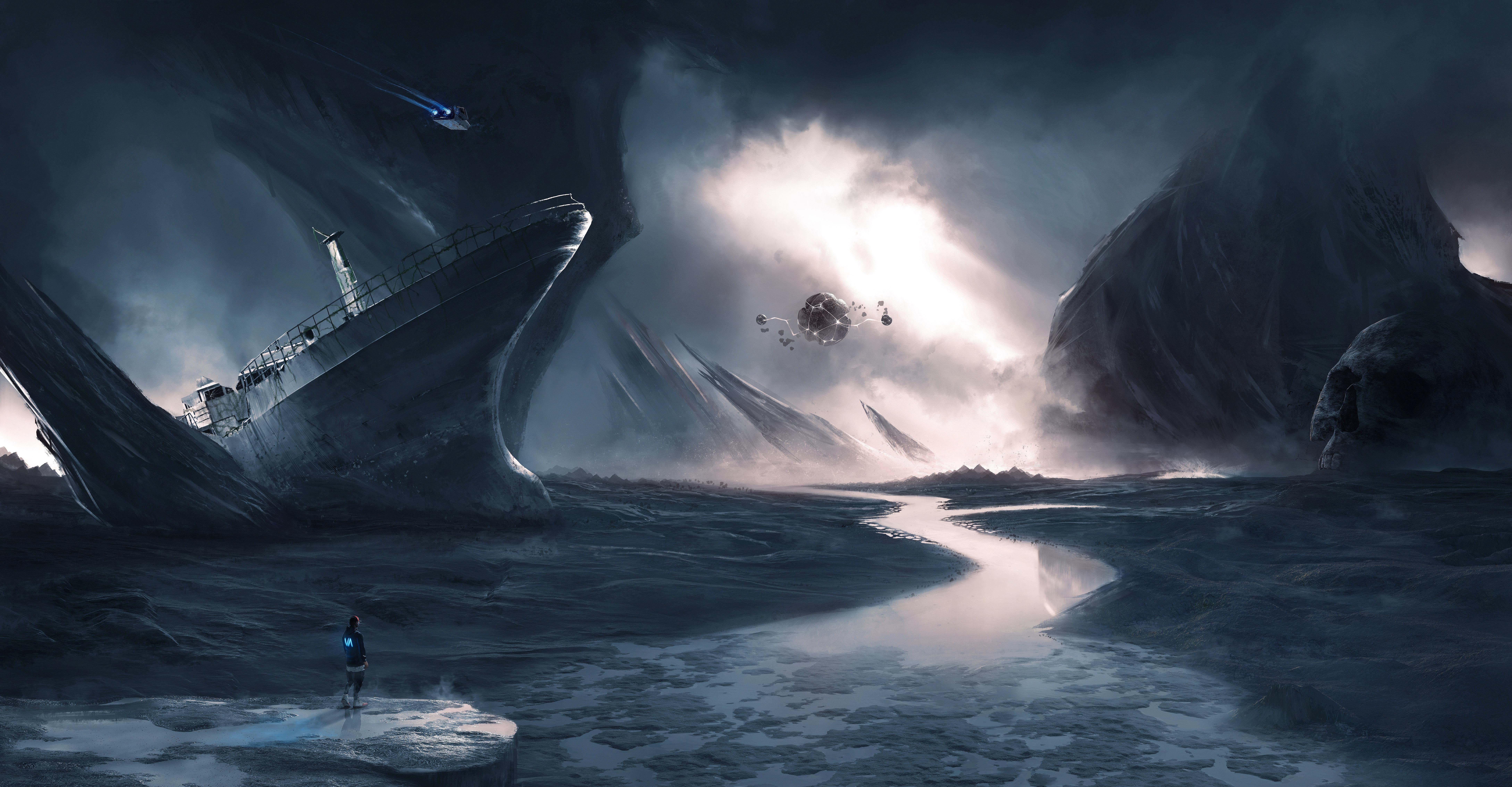 4K digital painting of a spaceship and shipwreck HD Wallpaper