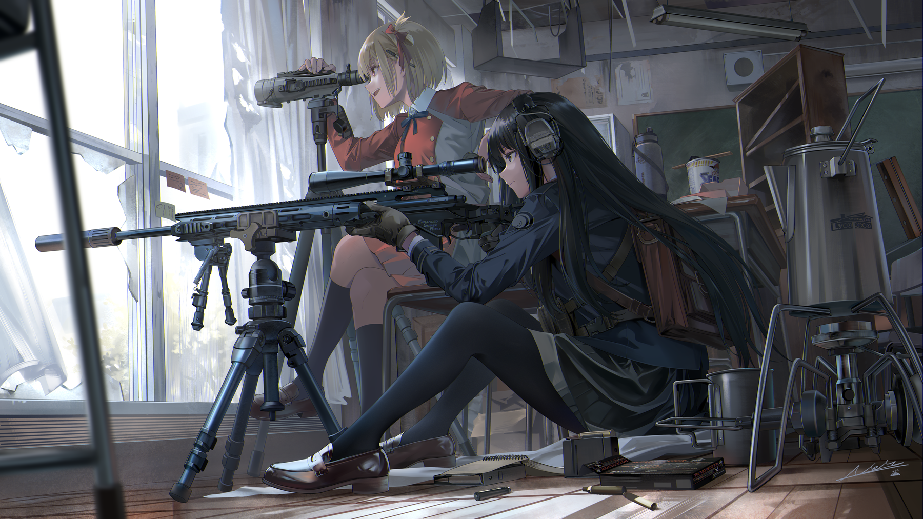 Nishikigi Chisato and Inoue Takina with sniper rifle HD Wallpaper