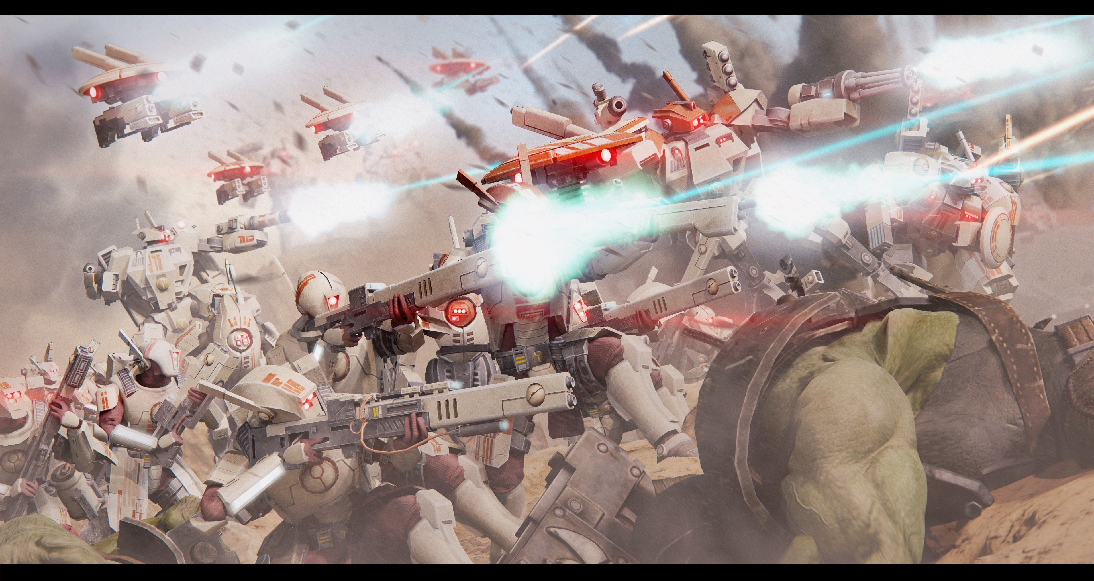 Warhammer 40,000: Tau Empire mechs in battle HD Wallpaper