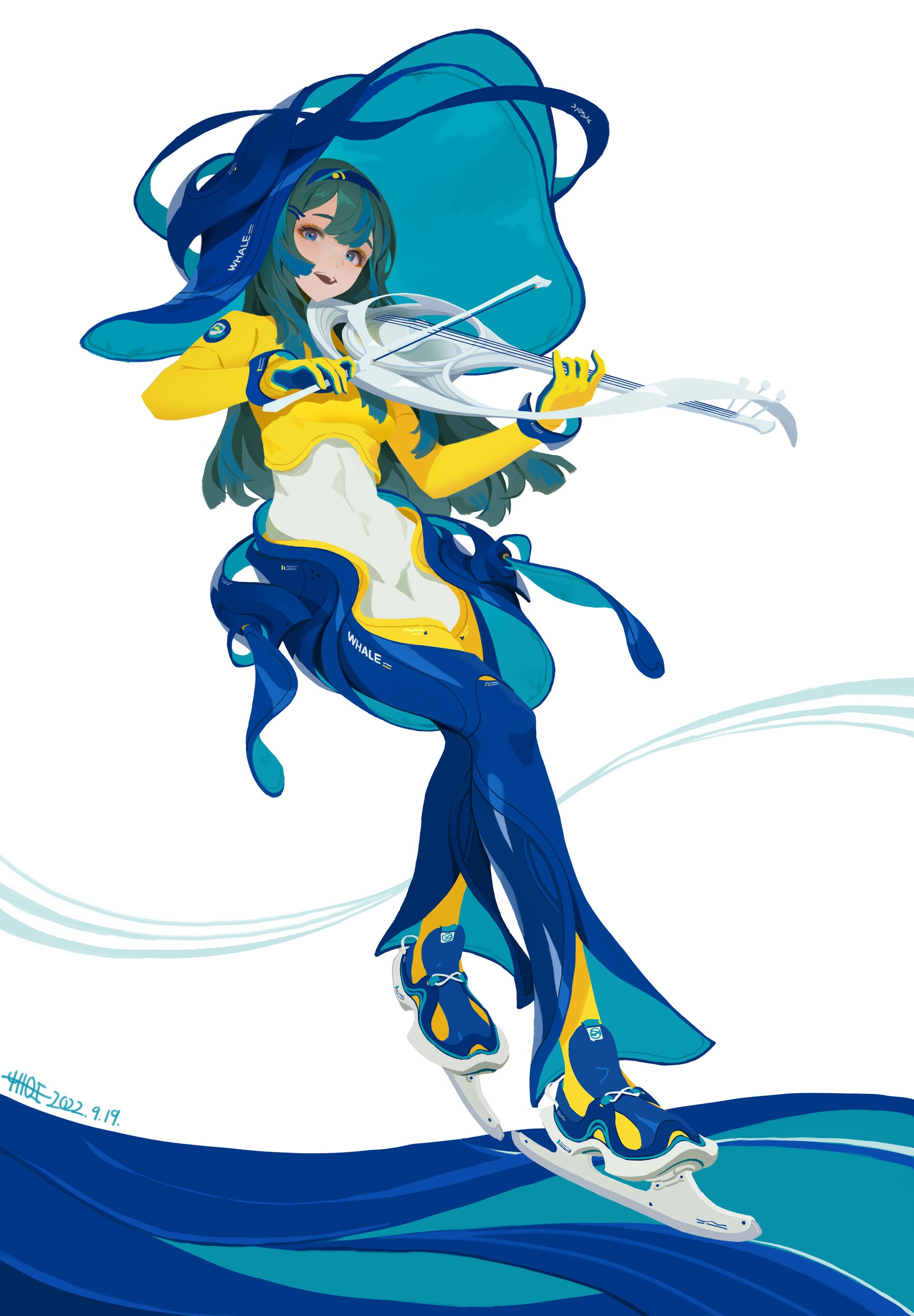 Woman playing violin on skates with whale-themed outfit HD Phone Wallpaper