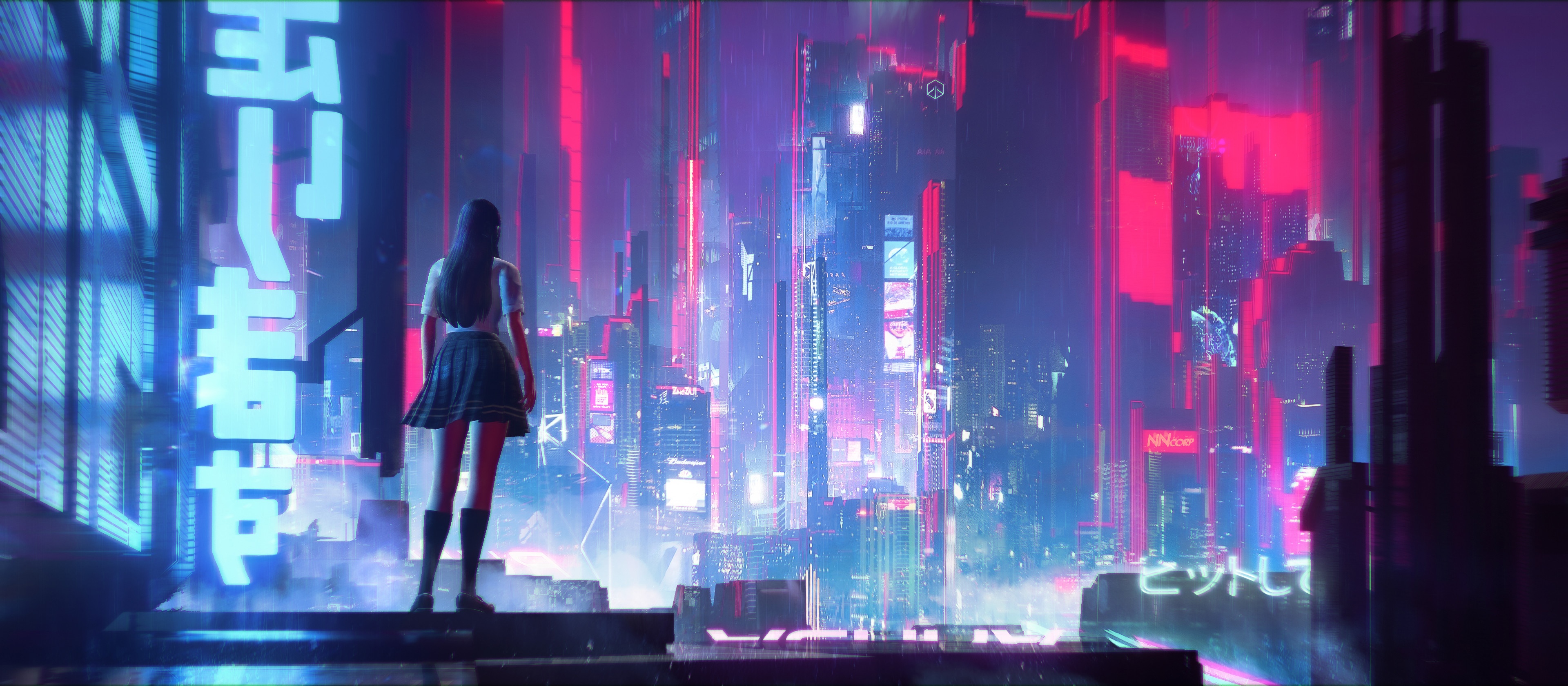 4K Cyberpunk Cityscape with Woman in School Uniform HD Wallpaper