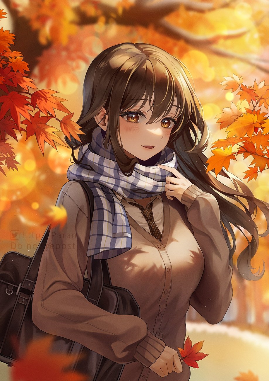 Girl with scarf and backpack in autumn leaves HD Phone Wallpaper