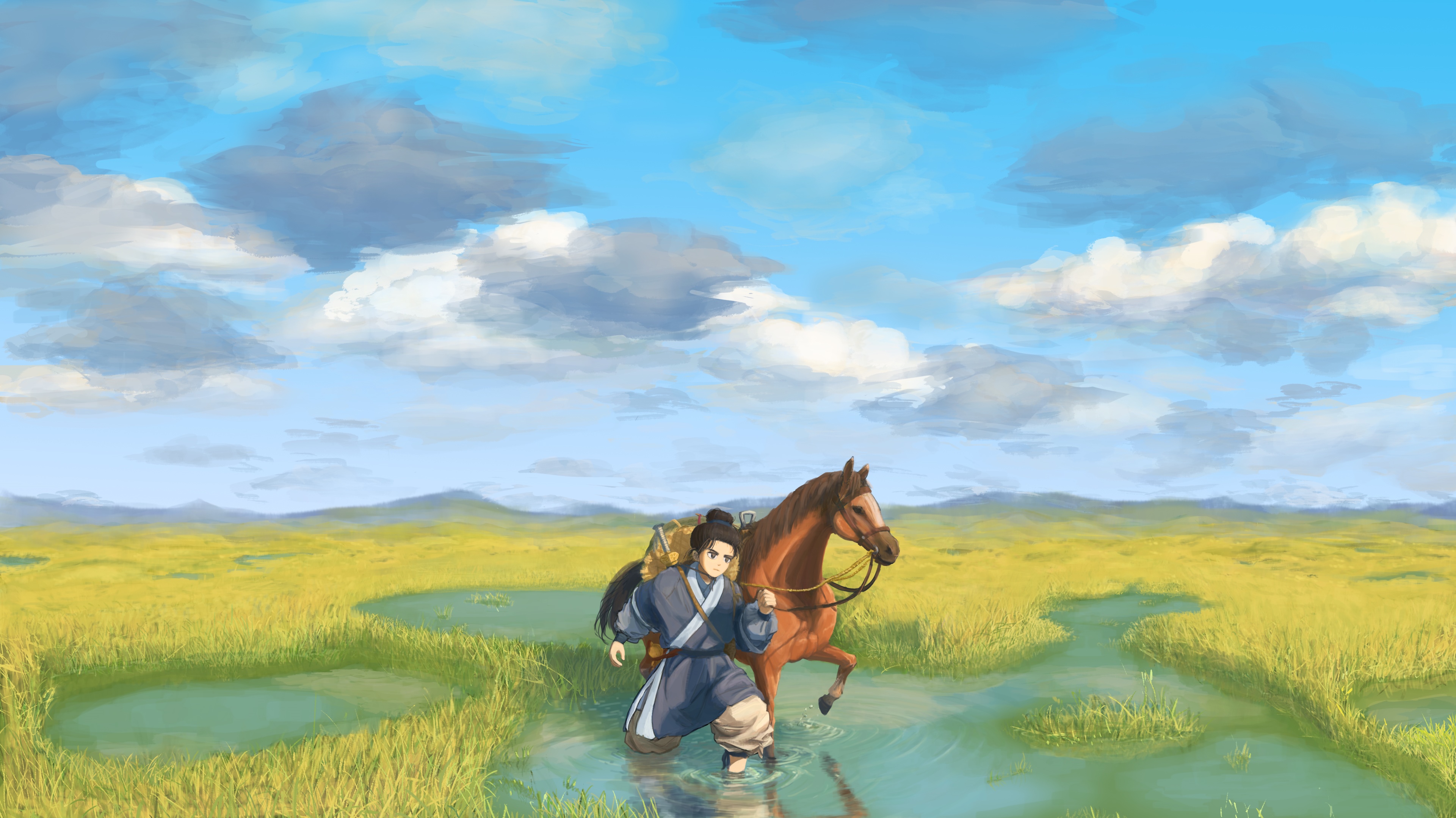 4K Anime Boy and Horse in a Wet Field HD Wallpaper