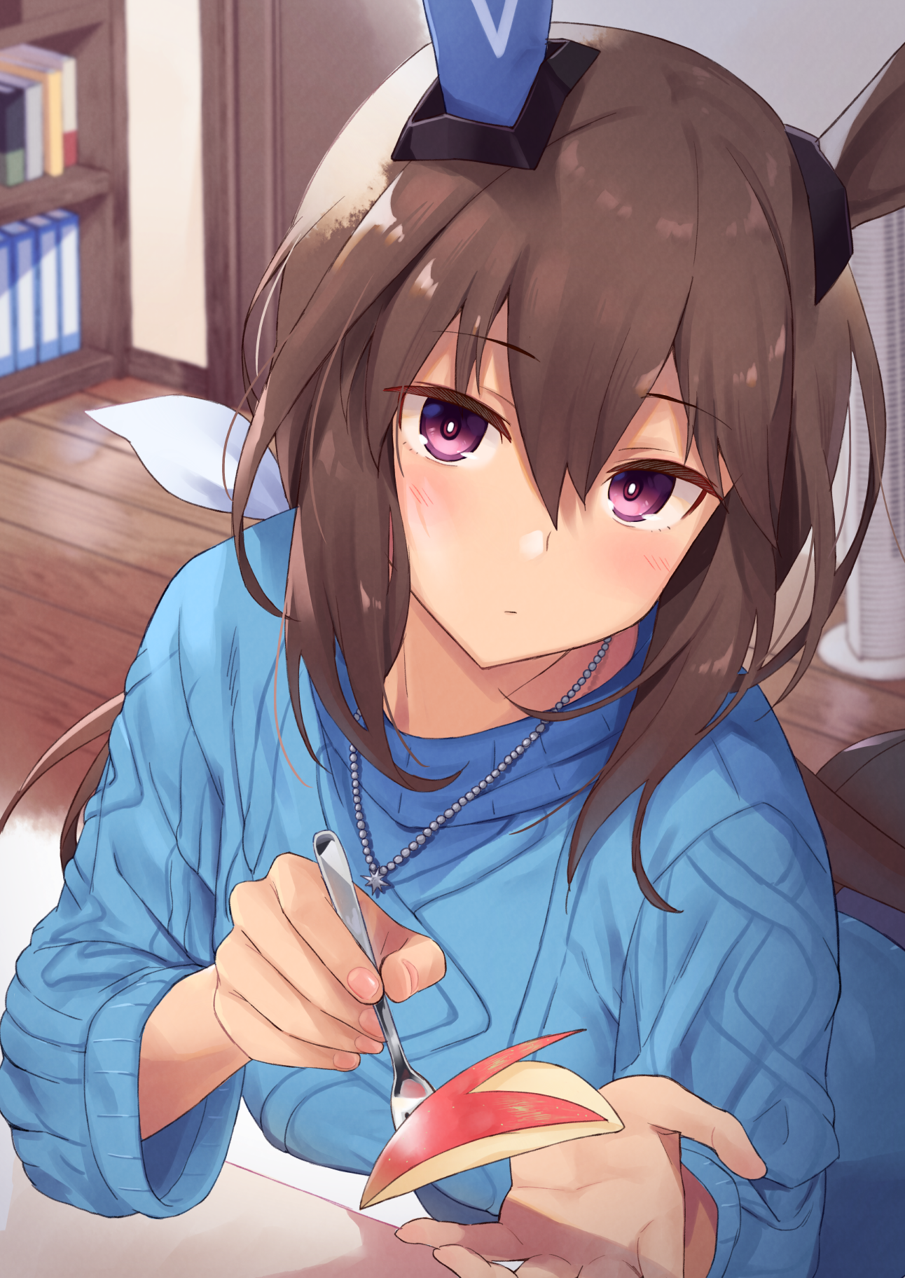 Admire Vega eating an apple in a blue sweater HD Phone Wallpaper