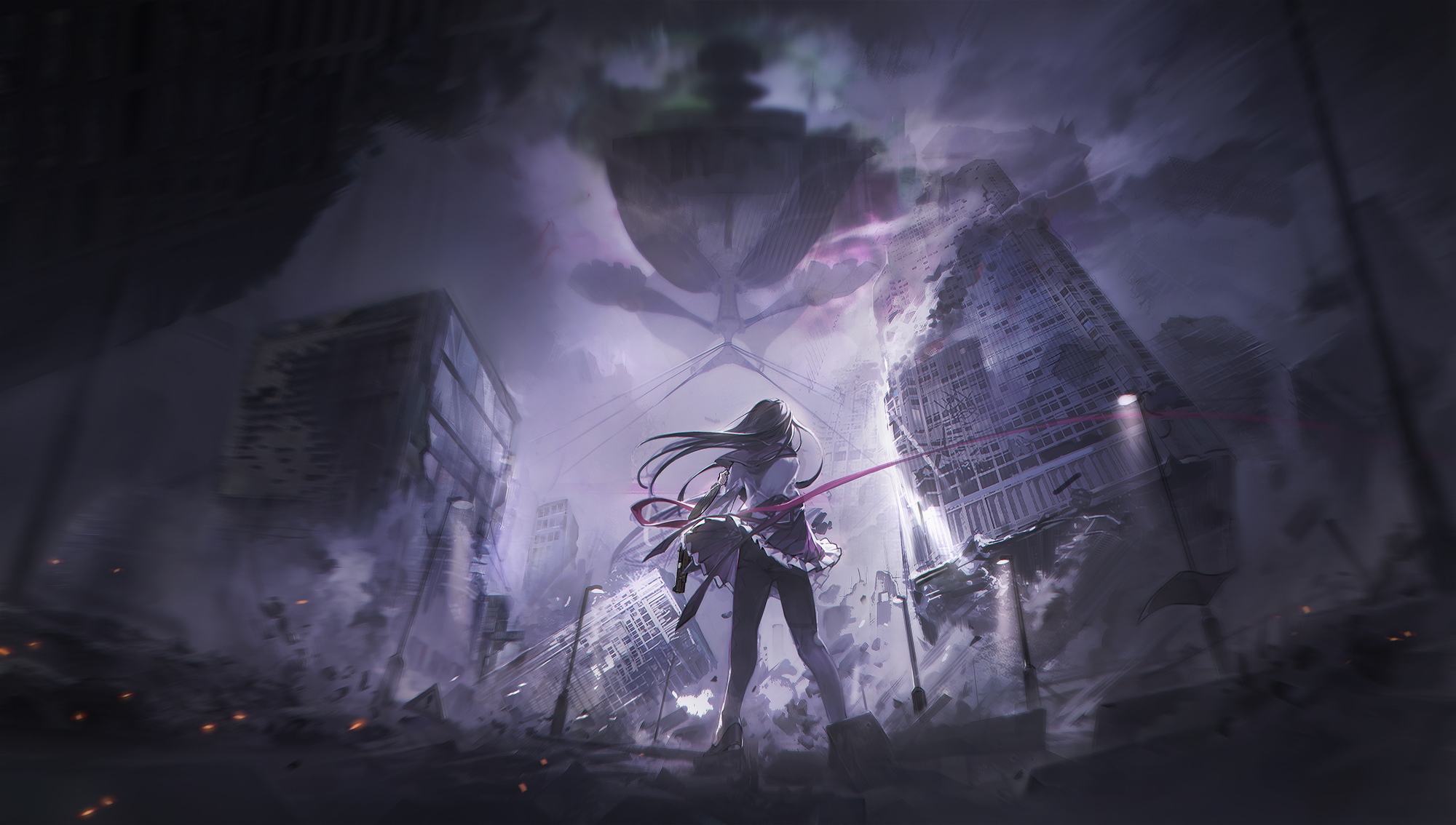 Girl in school uniform in ruined city with giant structure HD Wallpaper