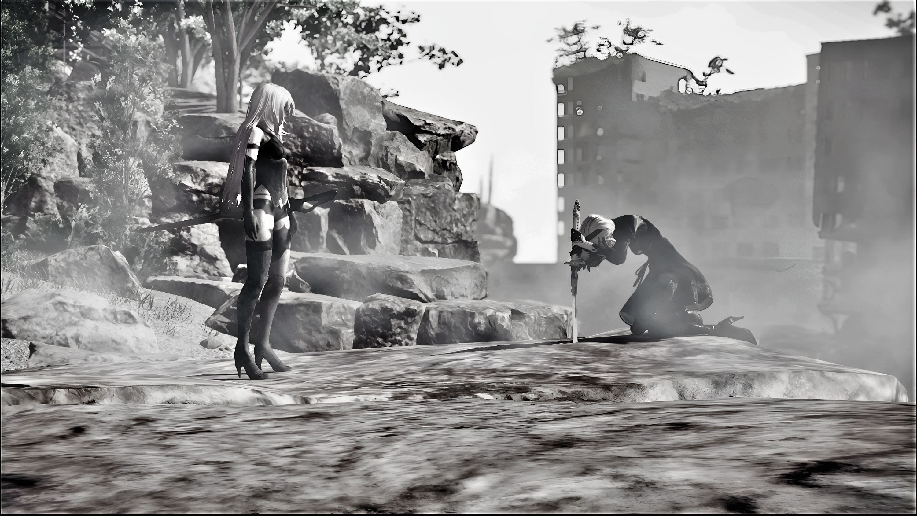 2B and A2 from Nier: Automata in a ruined city HD Wallpaper