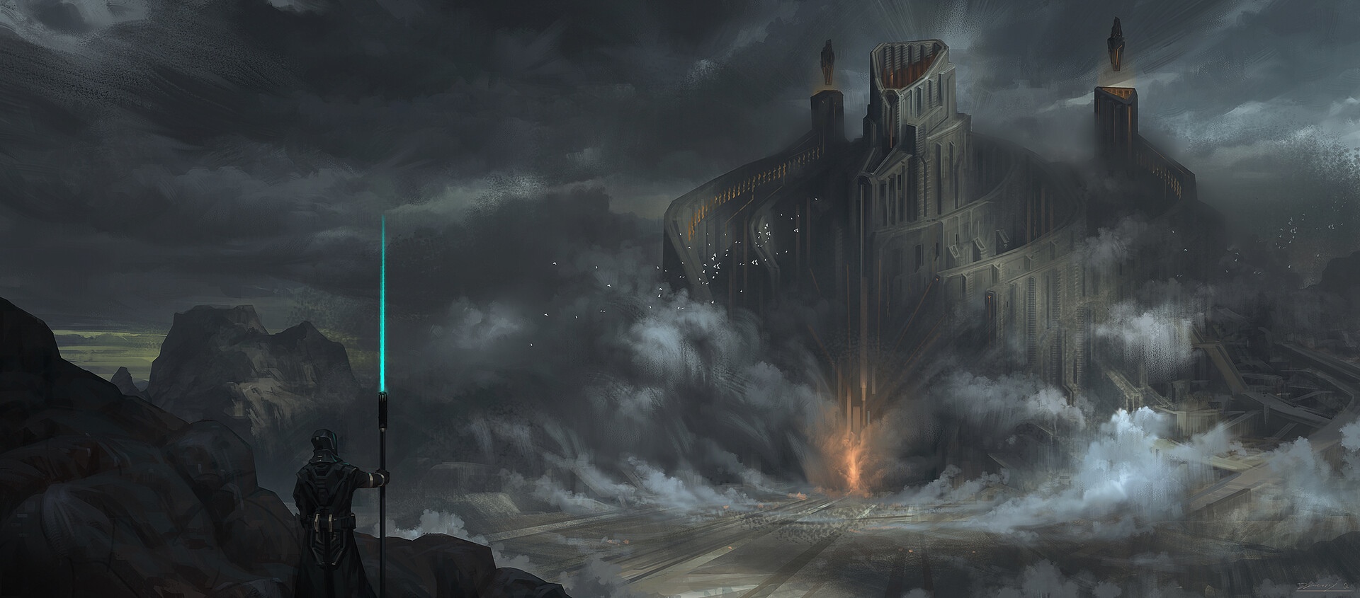Fantasy fortress with a figure holding a glowing staff HD Wallpaper