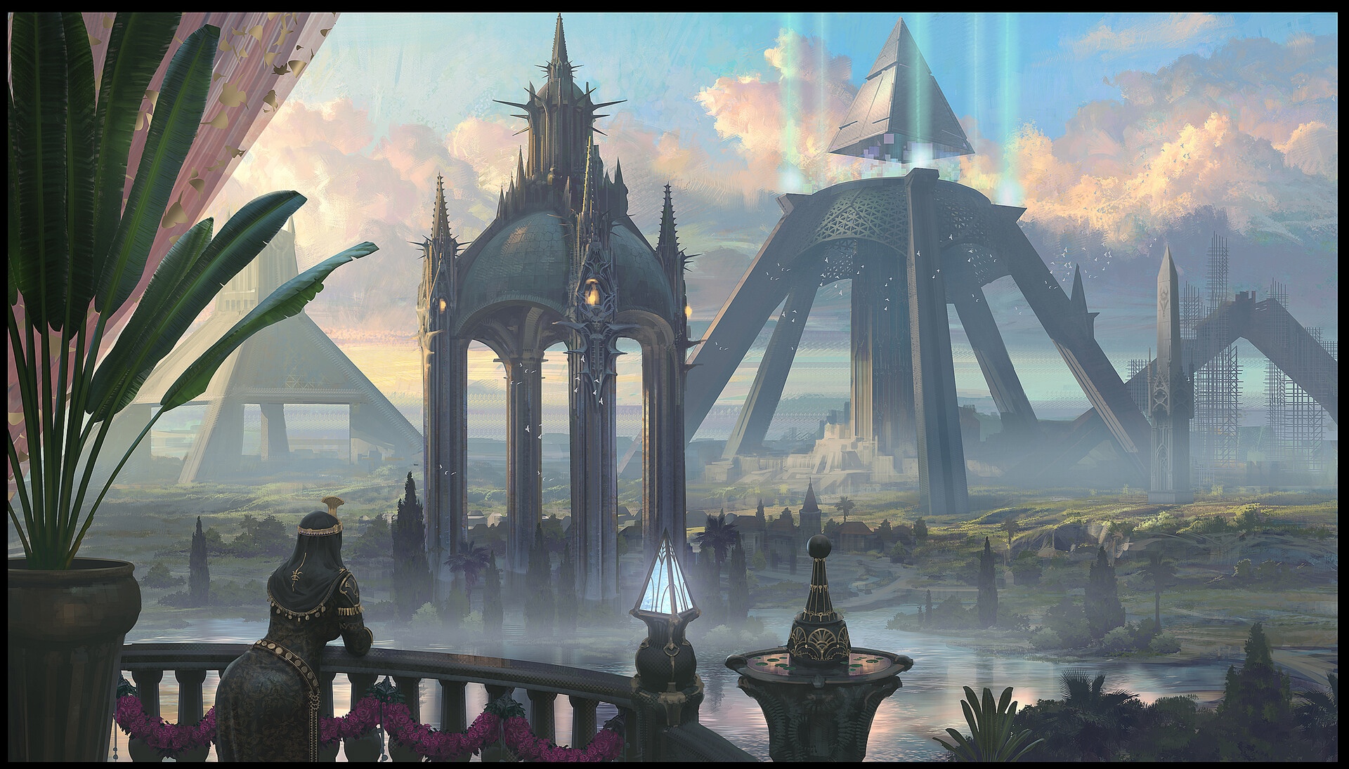 Fantasy landscape with pyramids and futuristic structures by Hwanggyu Kim HD Wallpaper