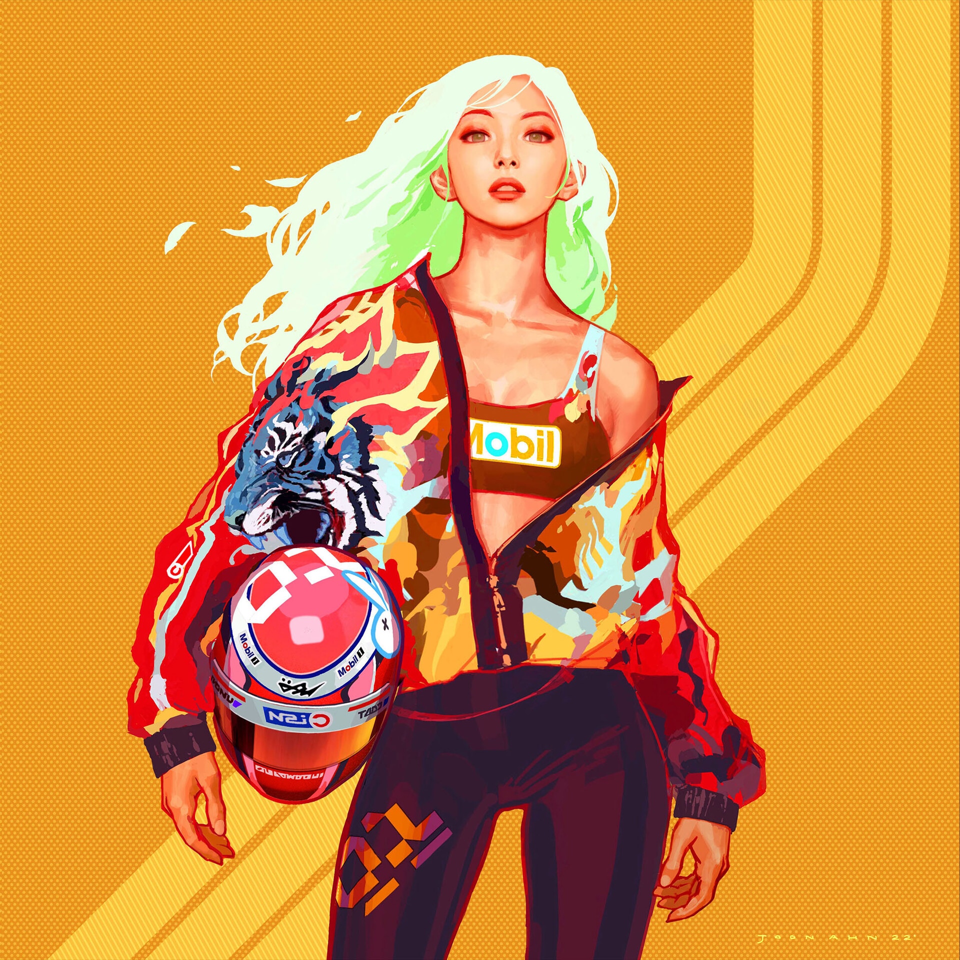 Woman in unzipped jacket holding a helmet HD Wallpaper
