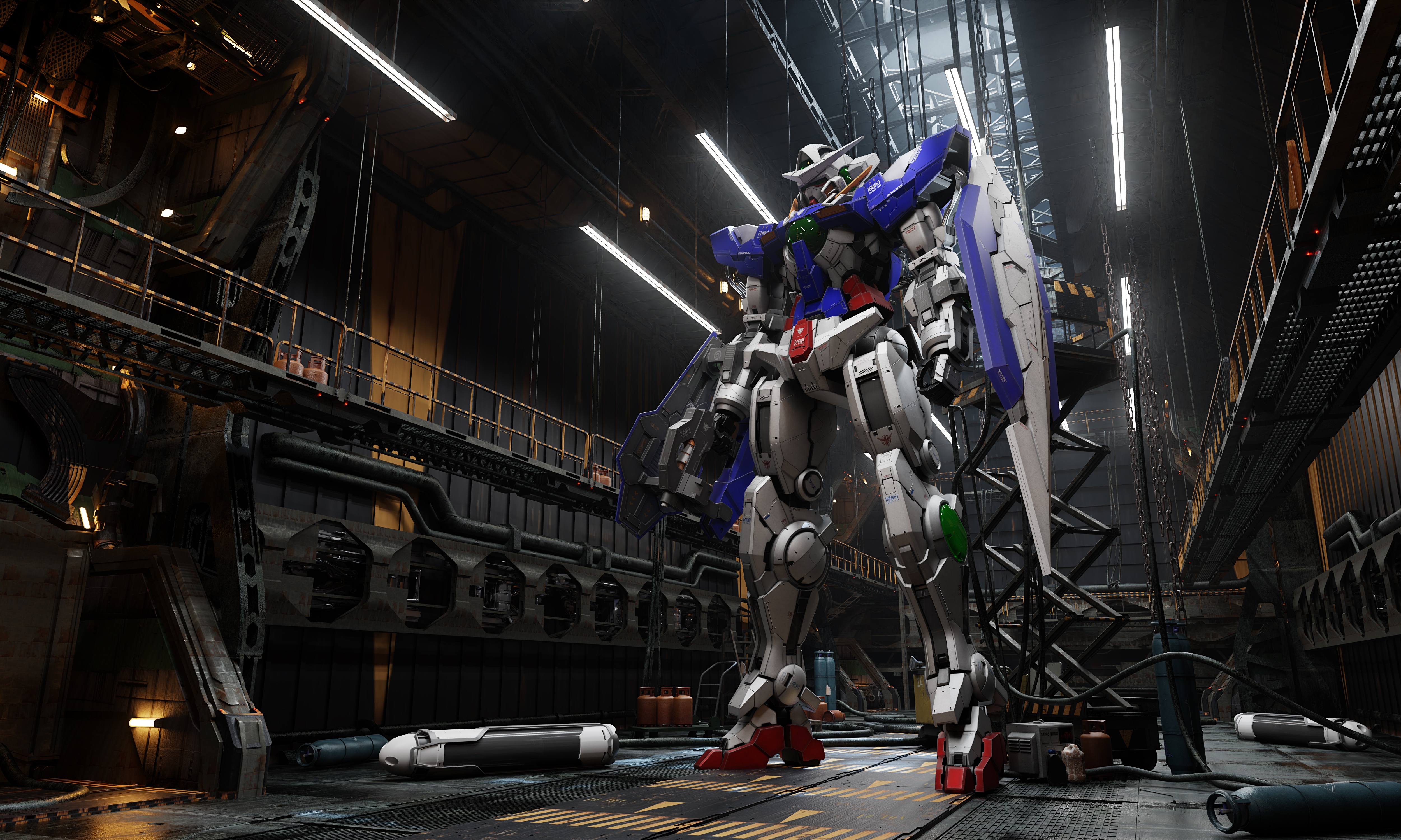 4K Gundam 00 Exia in a hangar HD Wallpaper