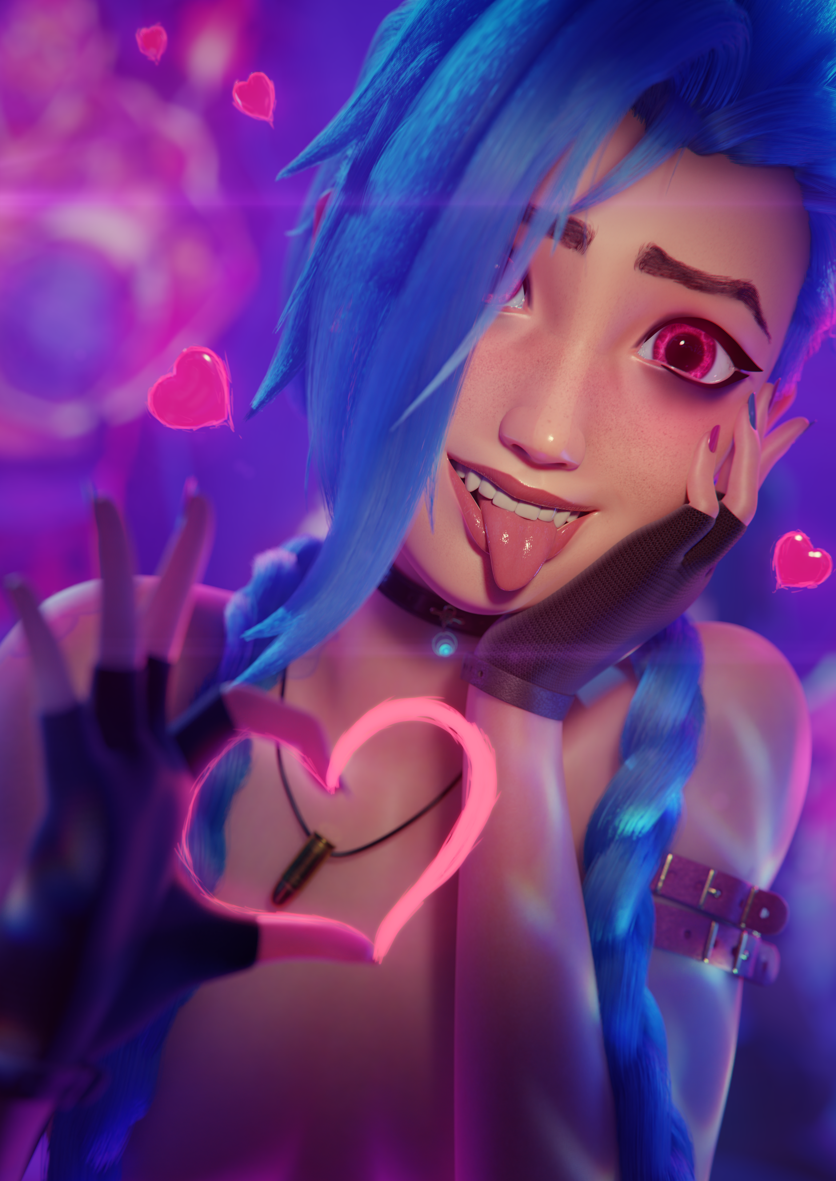 Jinx from League of Legends making a heart shape HD Phone Wallpaper
