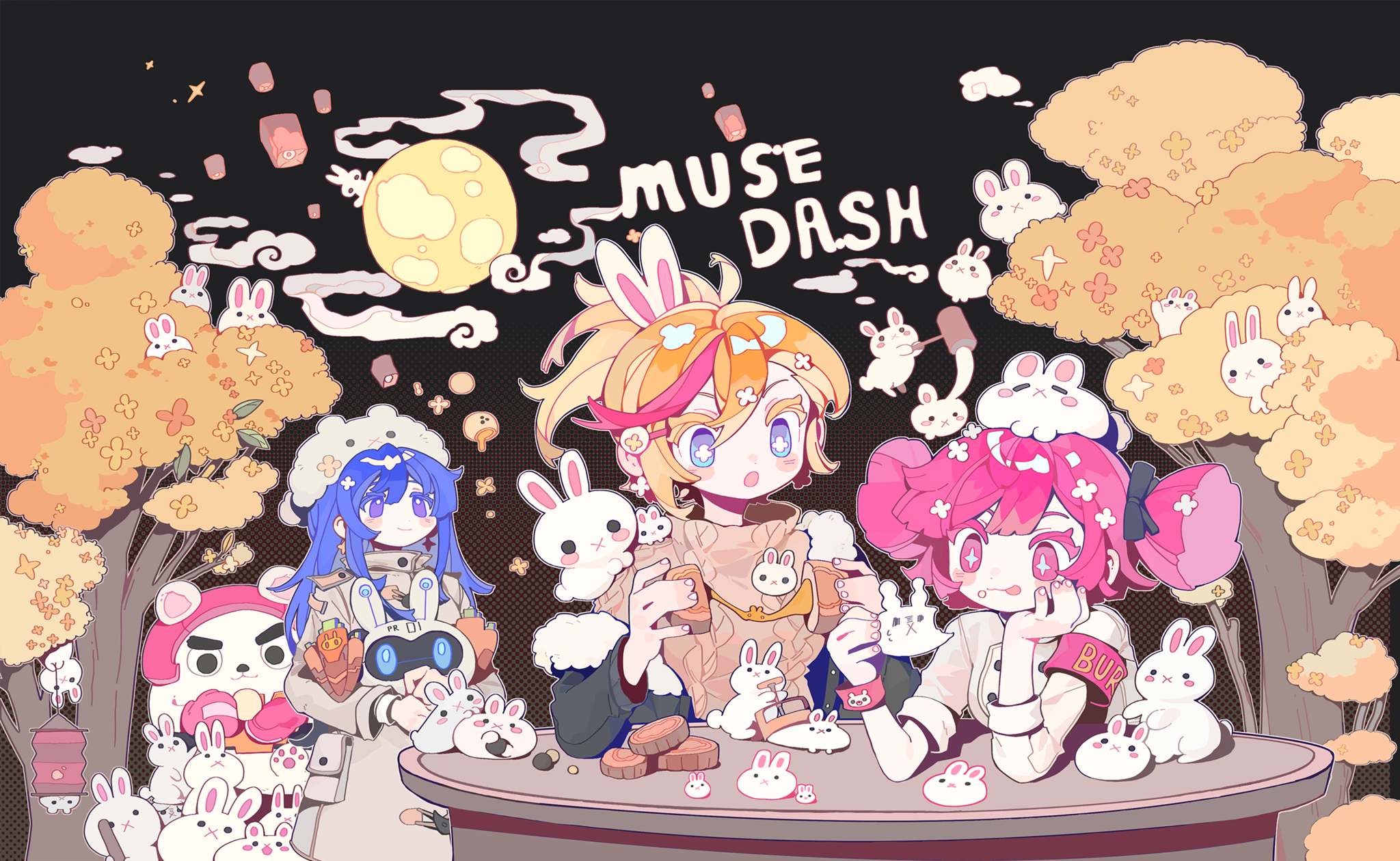 Muse Dash characters with rabbits and moon HD Wallpaper