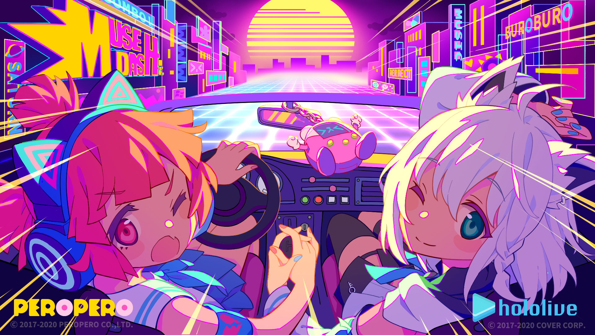 Muse Dash characters driving in a retro-futuristic city HD Wallpaper