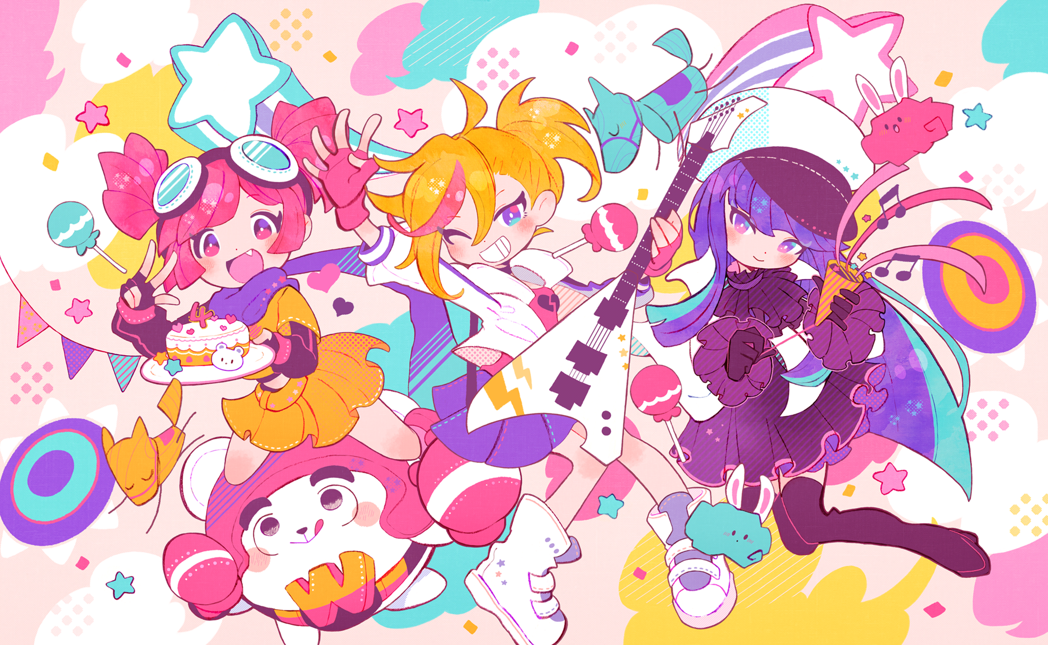 MuseDash characters with guitar, cake, and lollipops HD Wallpaper