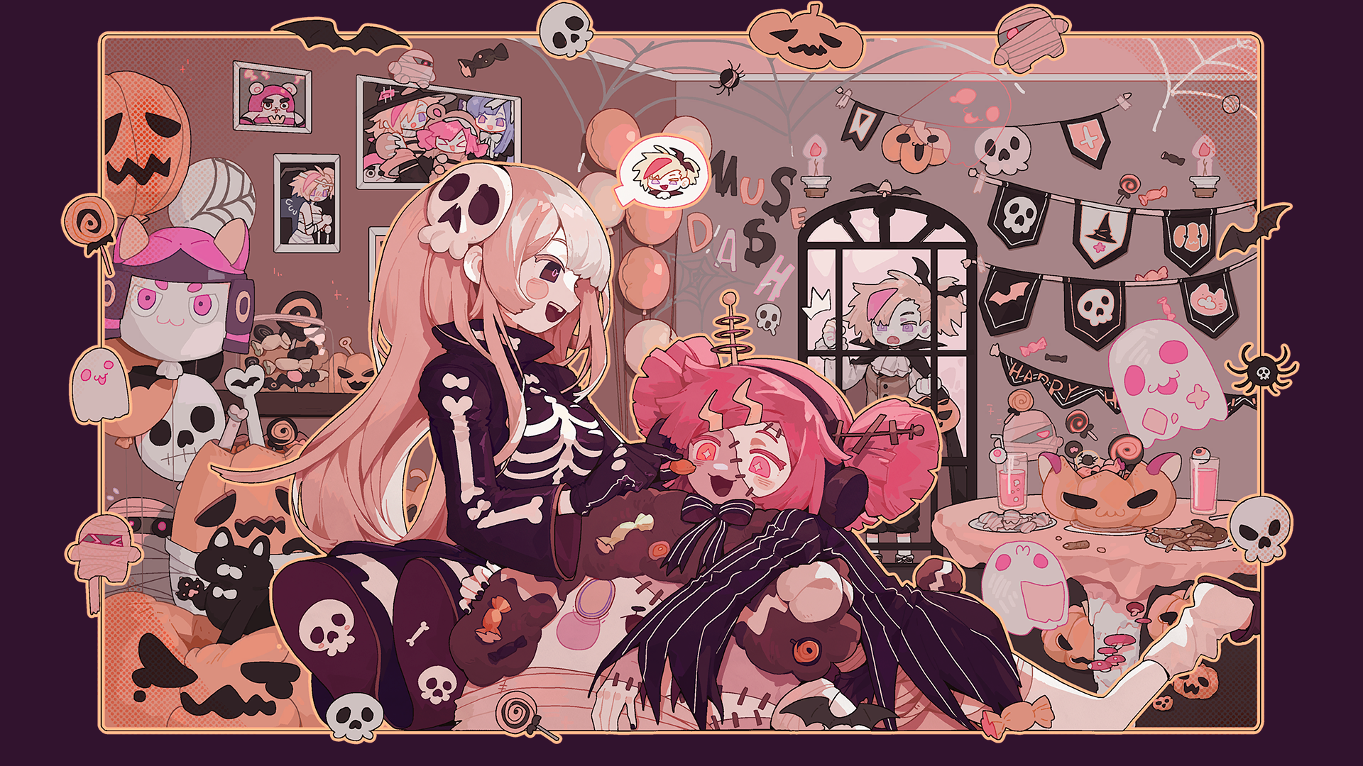 MuseDash Halloween characters with candy and decorations HD Wallpaper