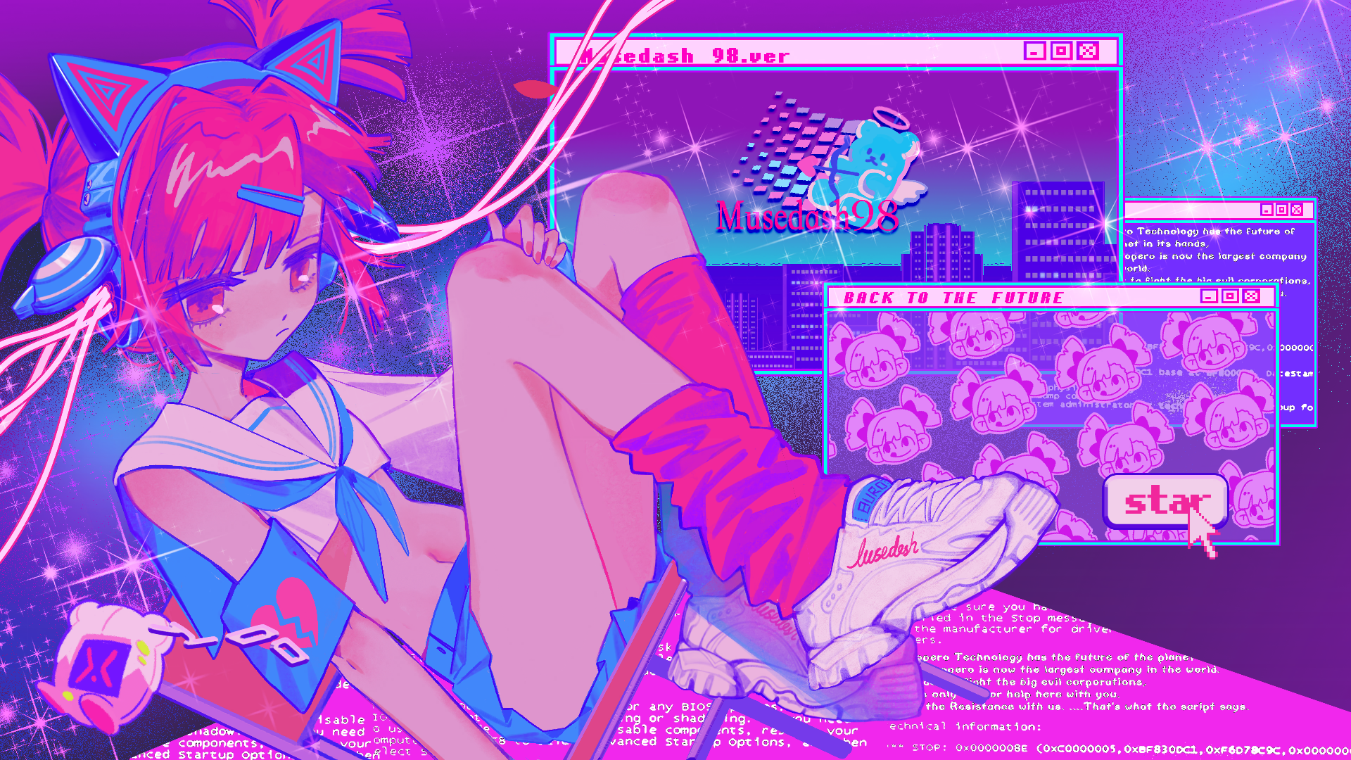 Anime girl with cat ears in a vaporwave aesthetic HD Wallpaper