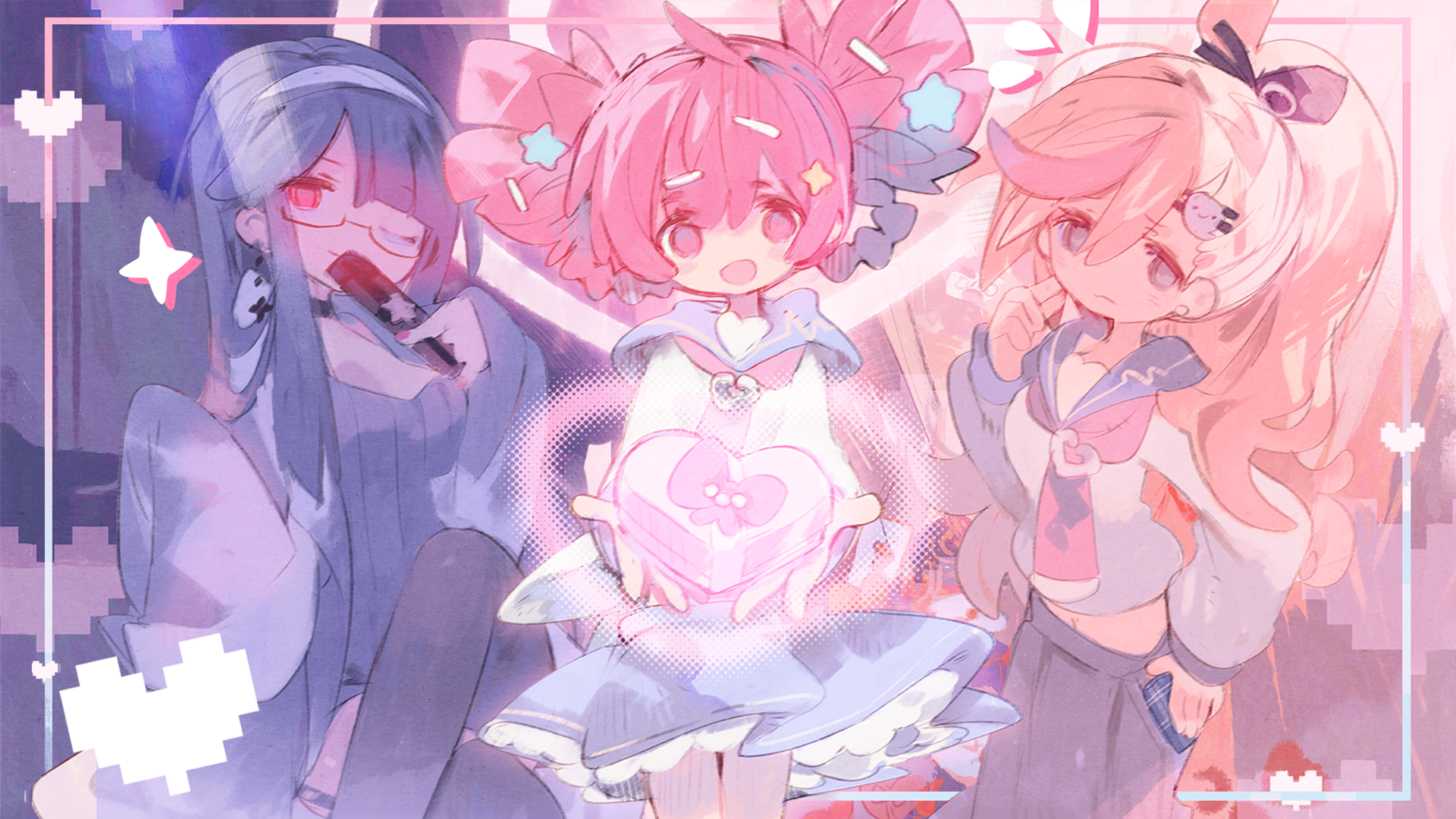 MuseDash: Three girls with colorful hair and school uniforms HD Wallpaper