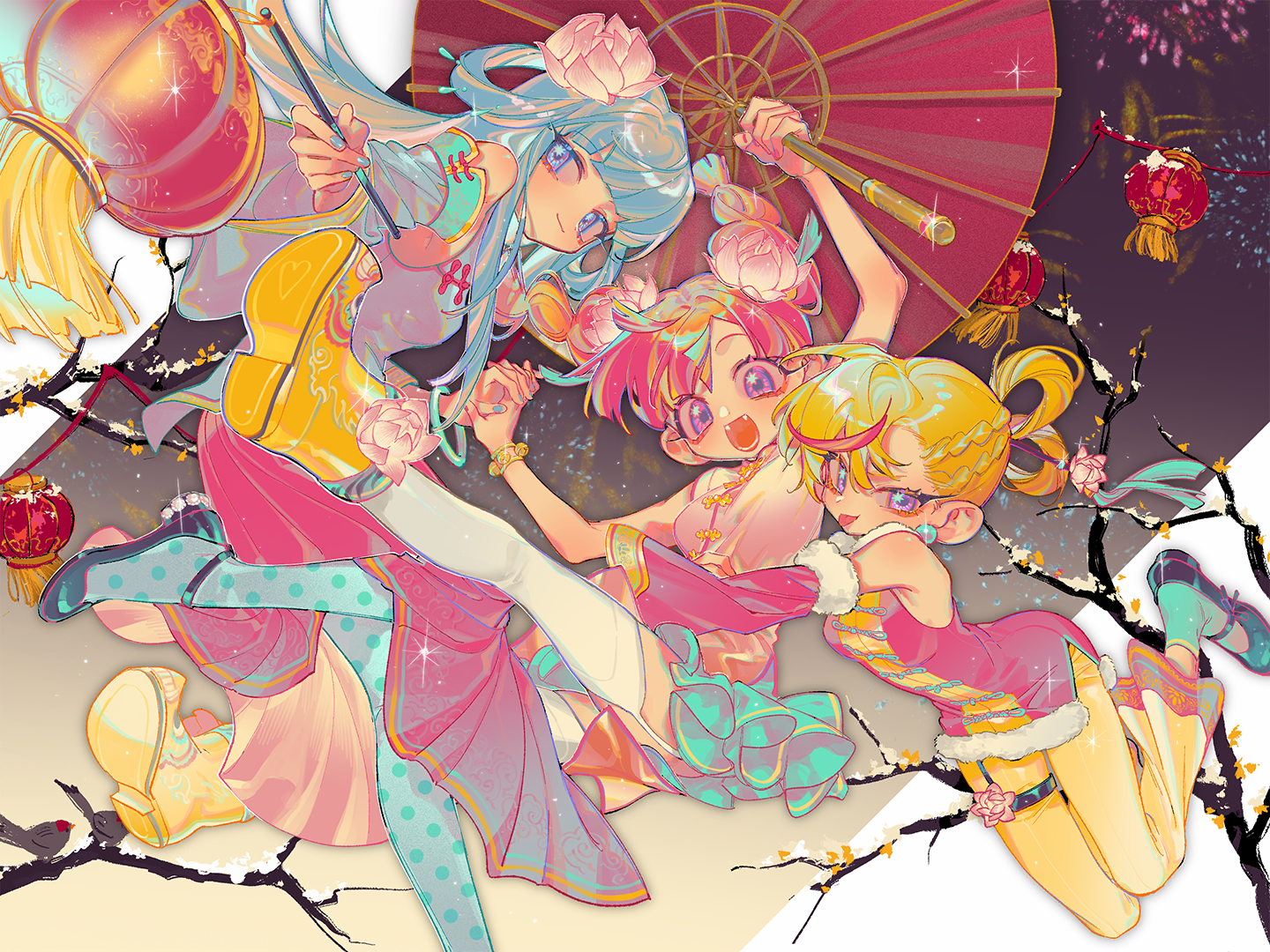 MuseDash girls in Chinese dresses with umbrella and lanterns HD Wallpaper