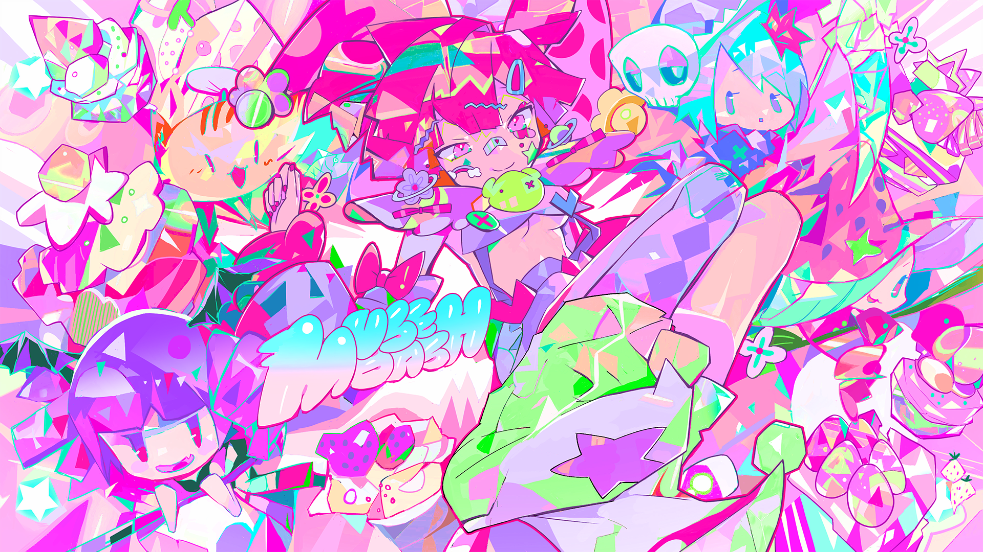 MuseDash characters surrounded by colorful sweets and geometric shapes HD Wallpaper