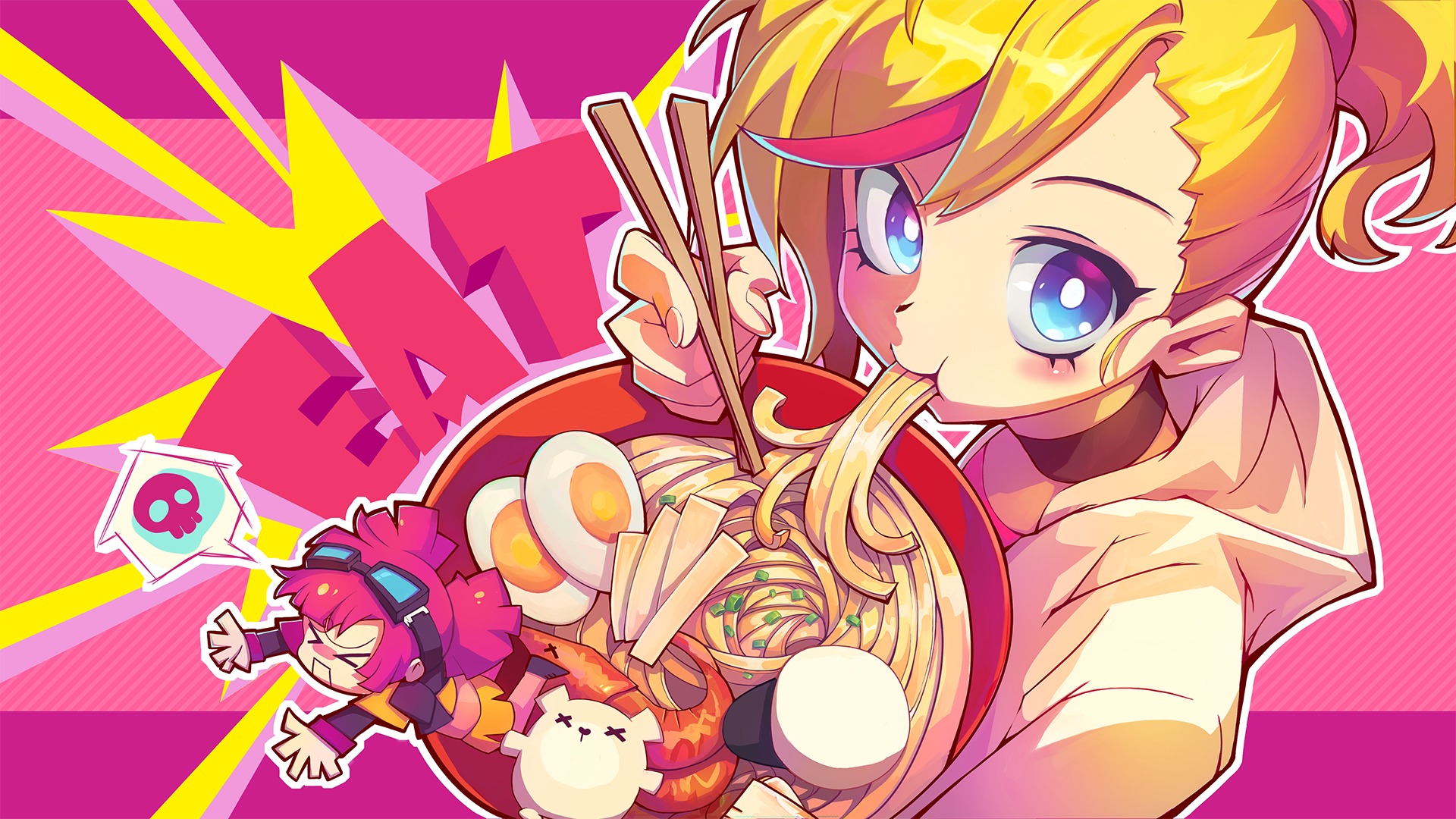 Muse Dash Girl Eating Ramen with Skull Icon HD Wallpaper
