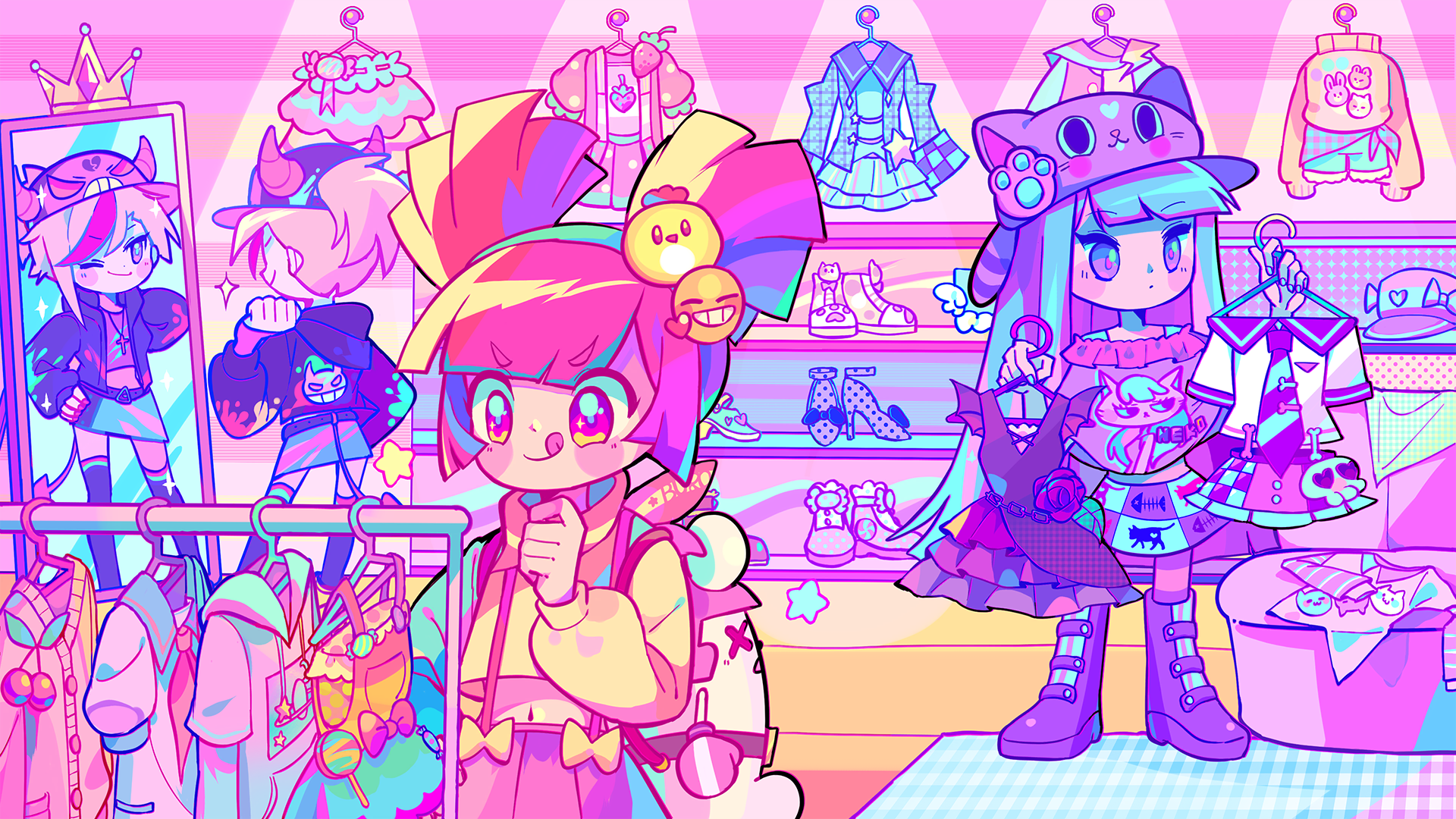 MuseDash Characters Trying on Clothes in a Colorful Boutique HD Wallpaper