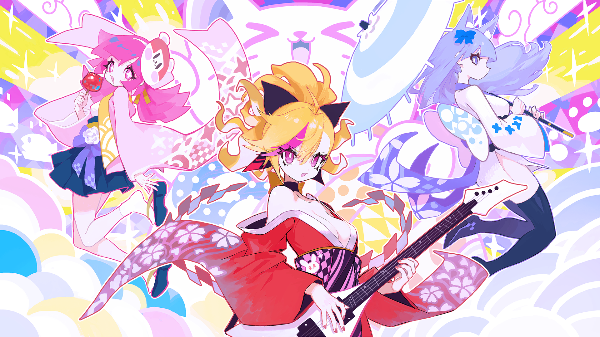 MuseDash: Three girls with fox ears and musical instruments HD Wallpaper