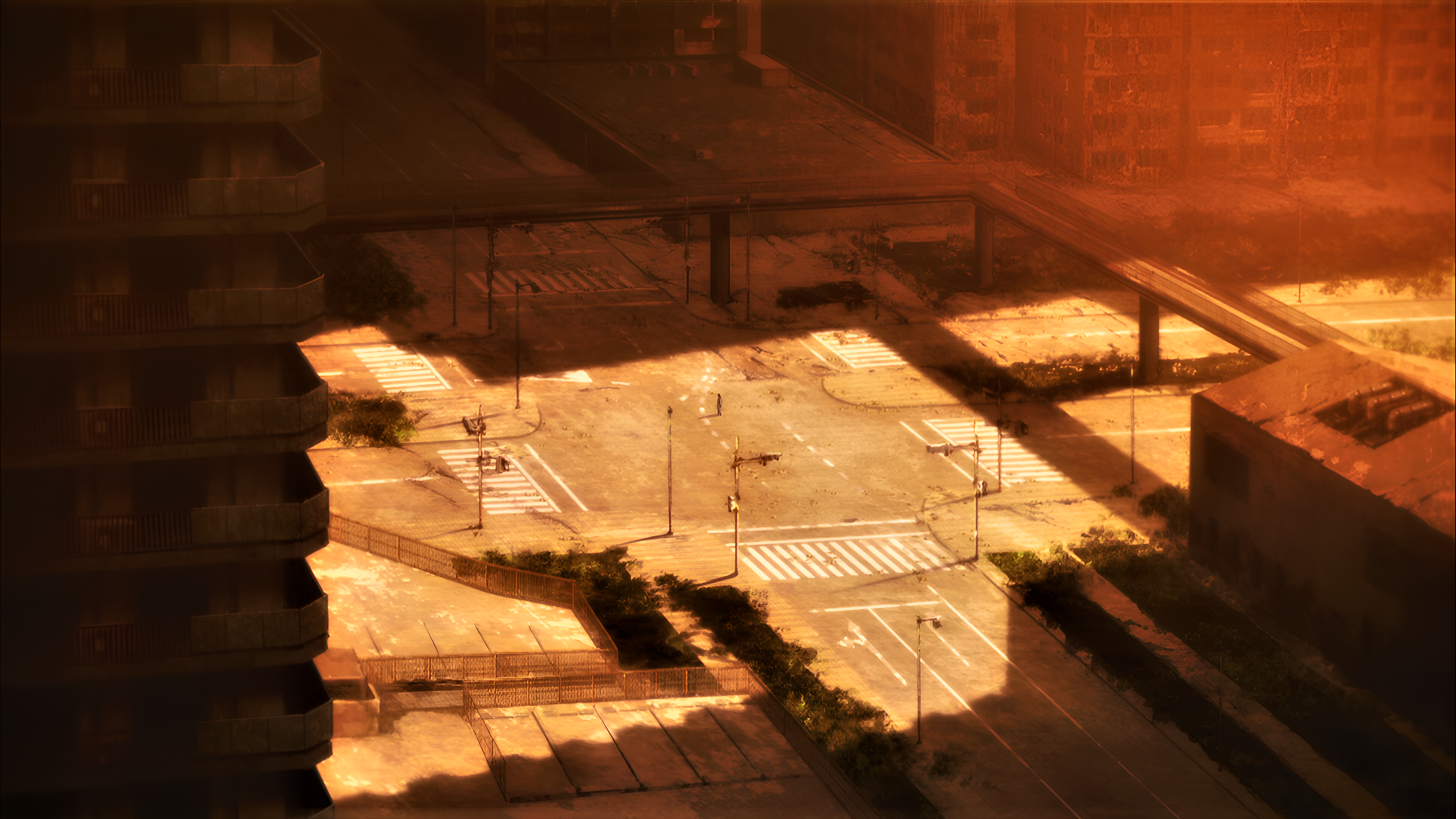Ruined city intersection with overpass and apartment building HD Wallpaper