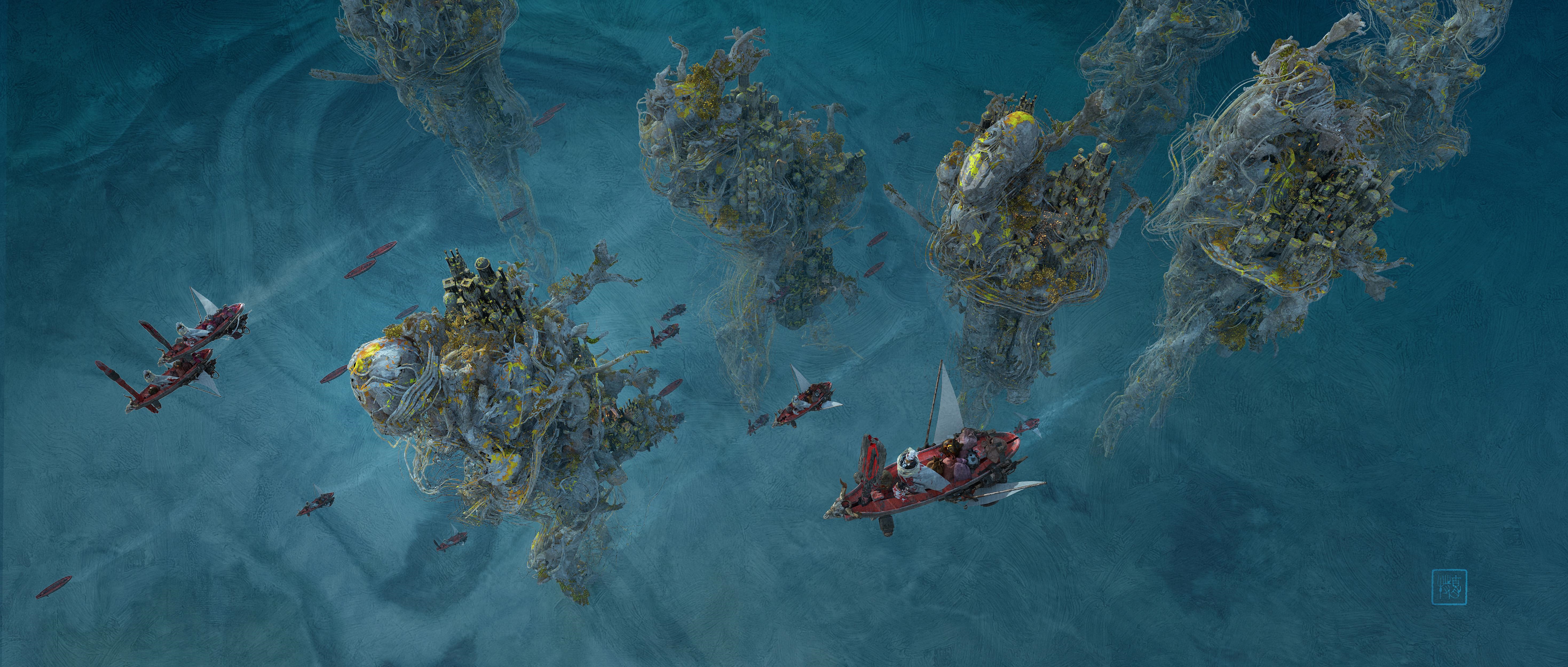 4K concept art of fantasy boats near alien structures HD Wallpaper