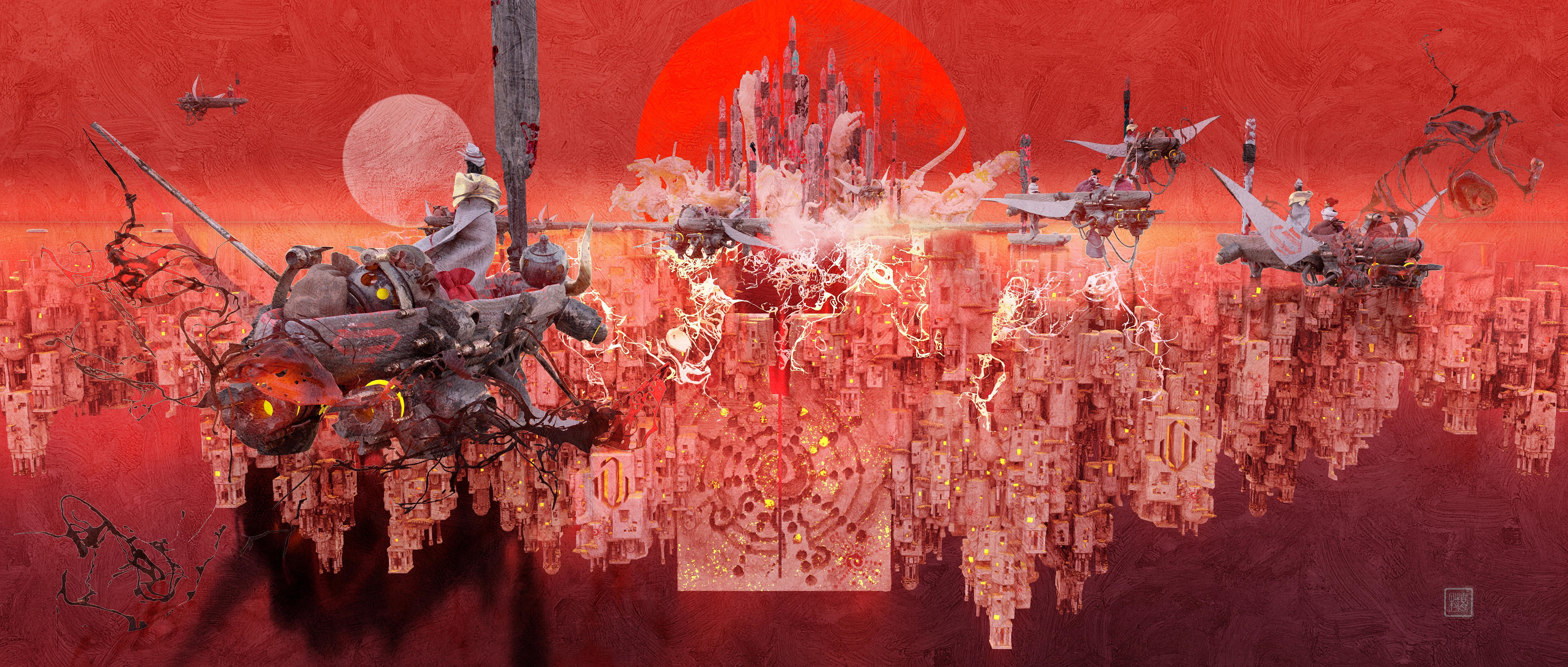 Fantasy city with sun and flying vehicles HD Wallpaper