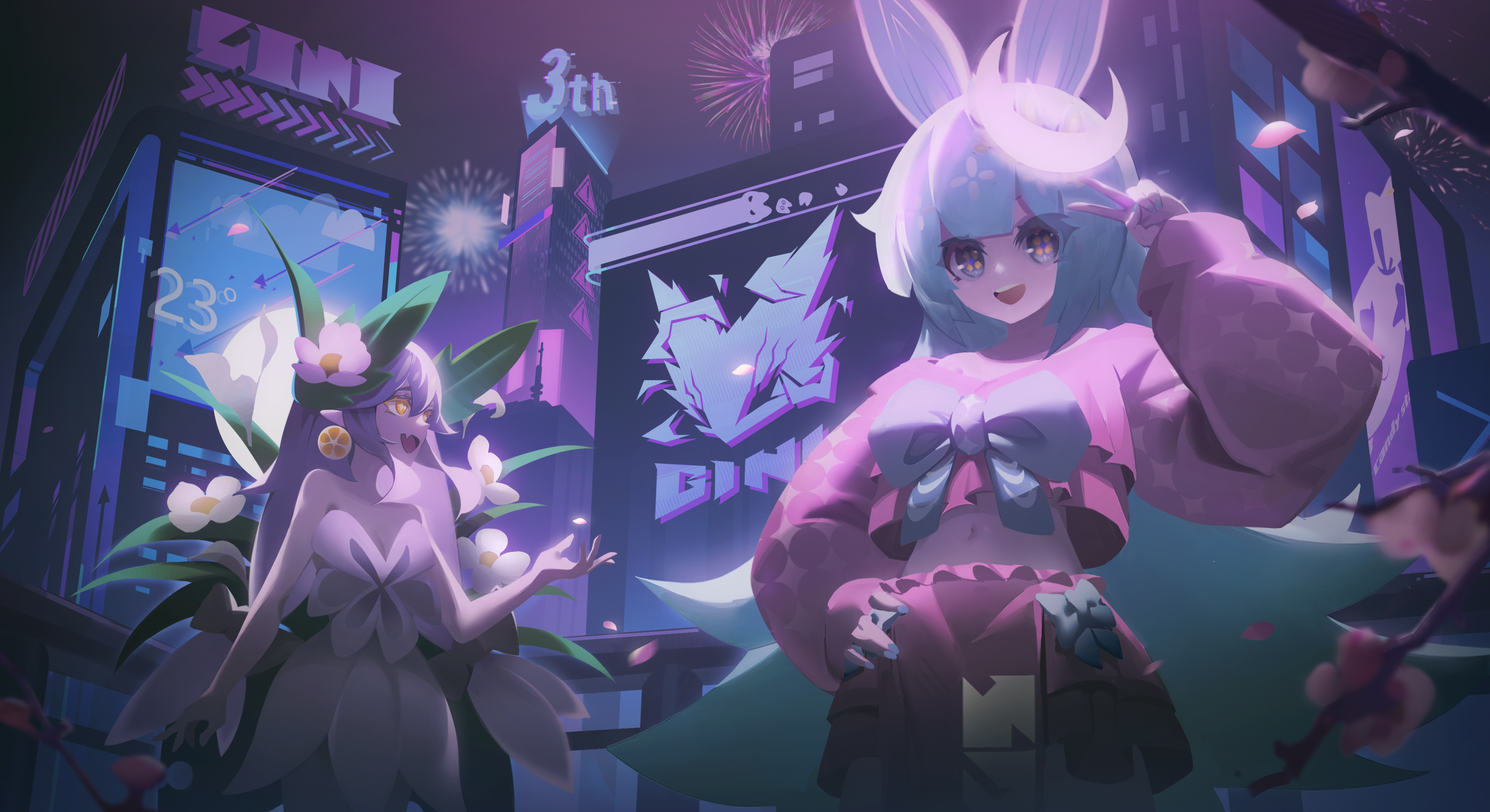 4K Anime Game Characters in Neon City HD Wallpaper