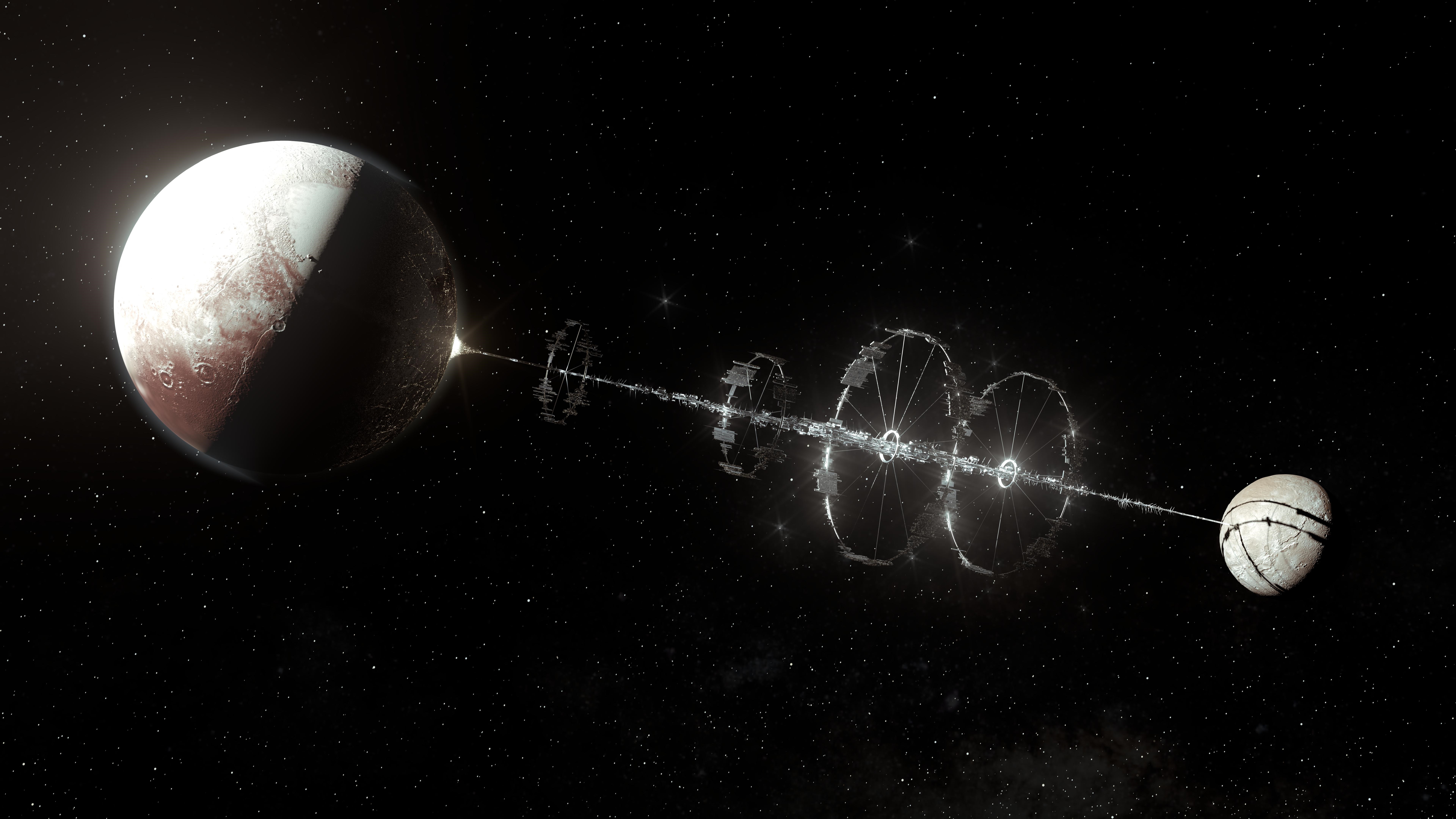 4K Pluto and space station in space with stars HD Wallpaper
