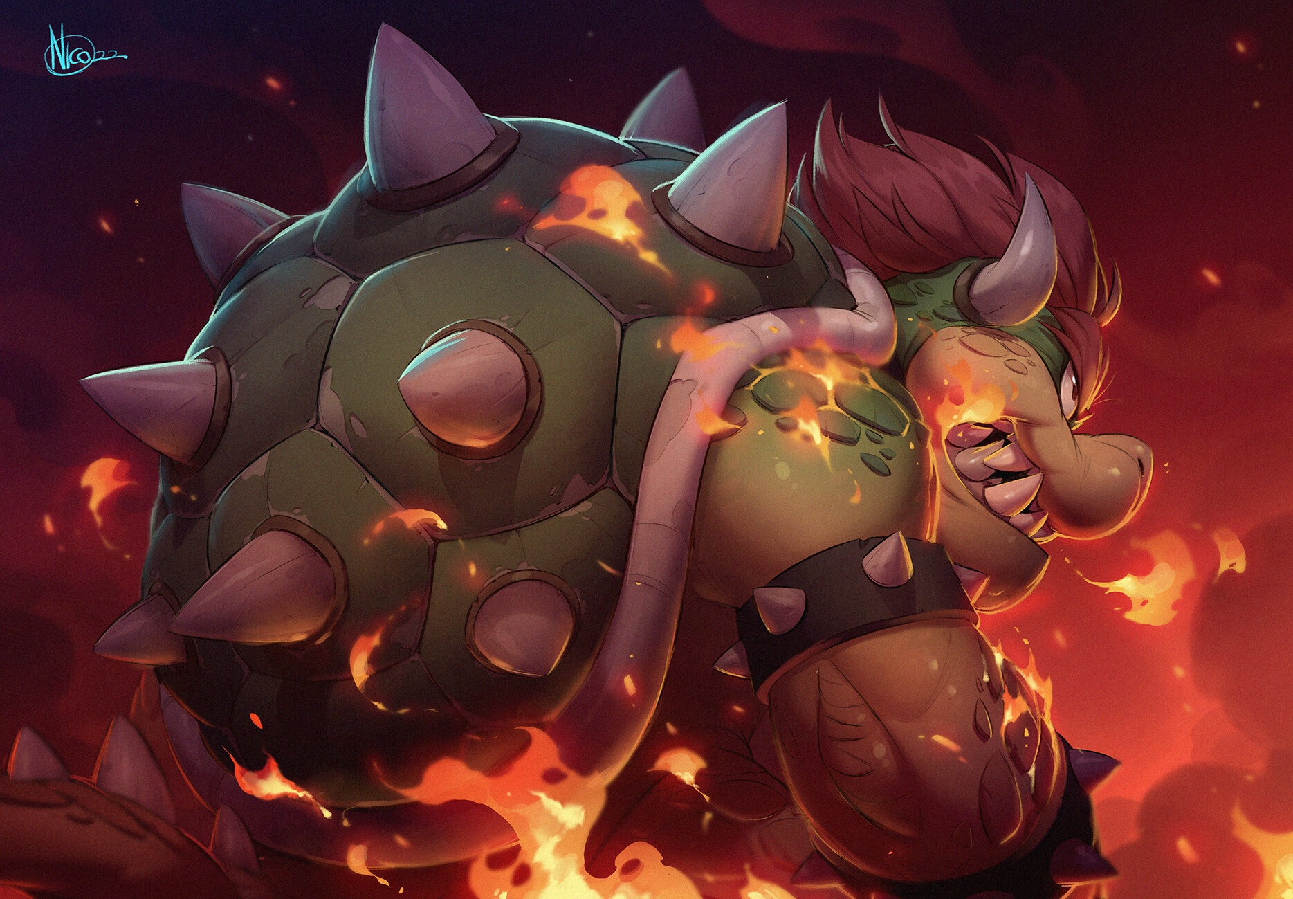 Bowser engulfed in flames, artwork by Nicola Saviori HD Wallpaper