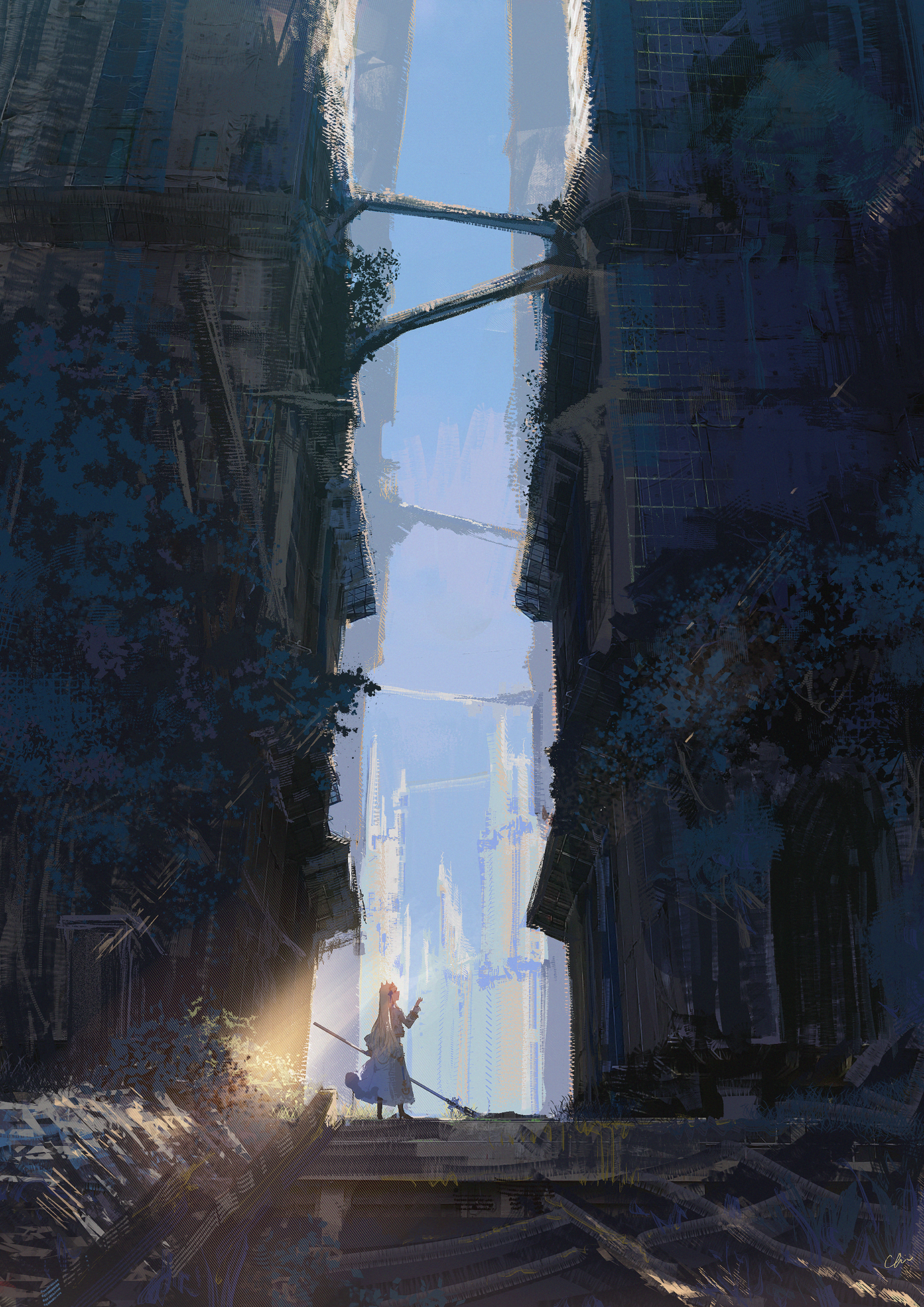 Chi MaoMao stands in ruined city with bridges HD Phone Wallpaper