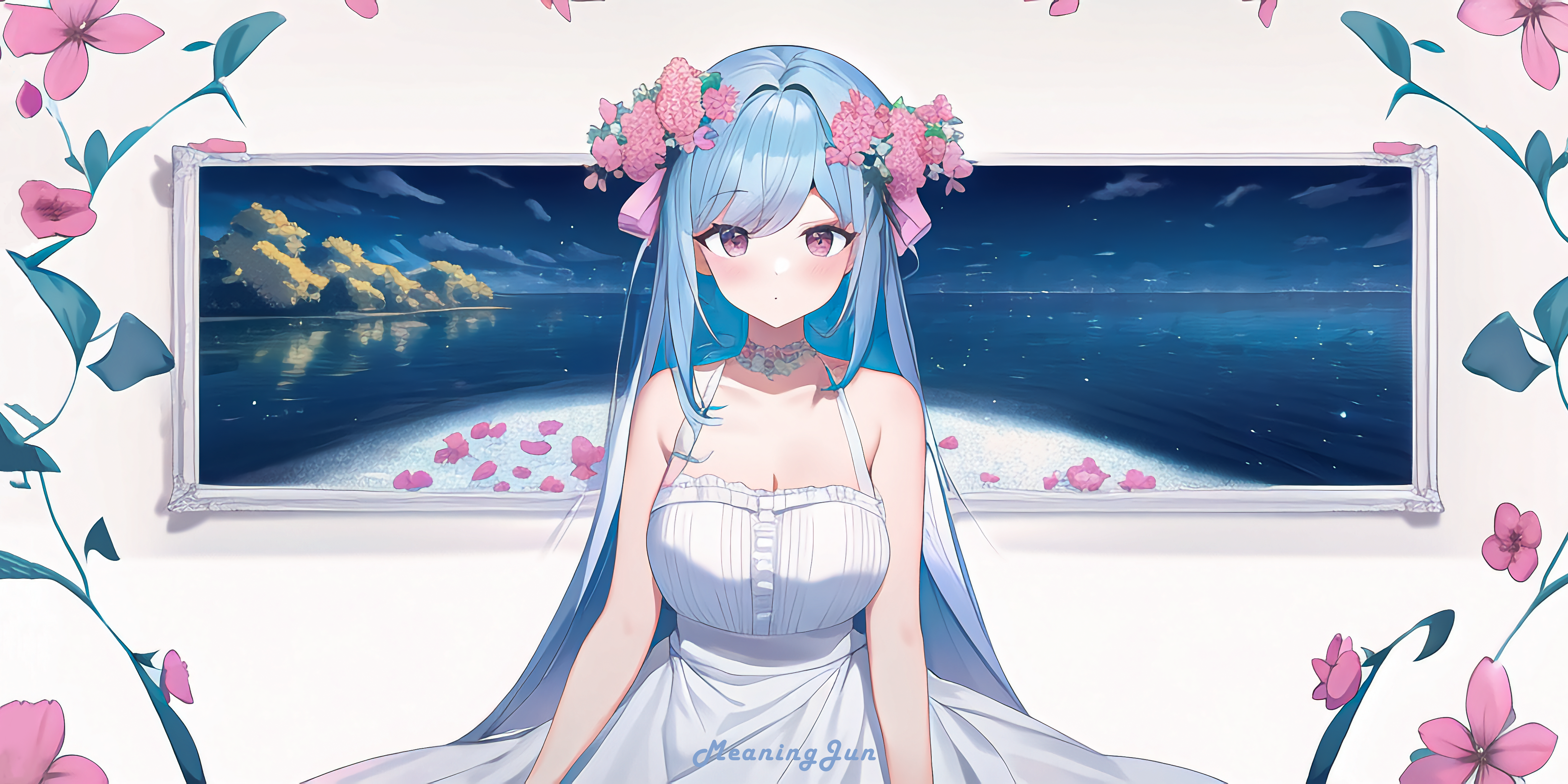 4K Anime Girl with Blue Hair and Flower Crown HD Wallpaper
