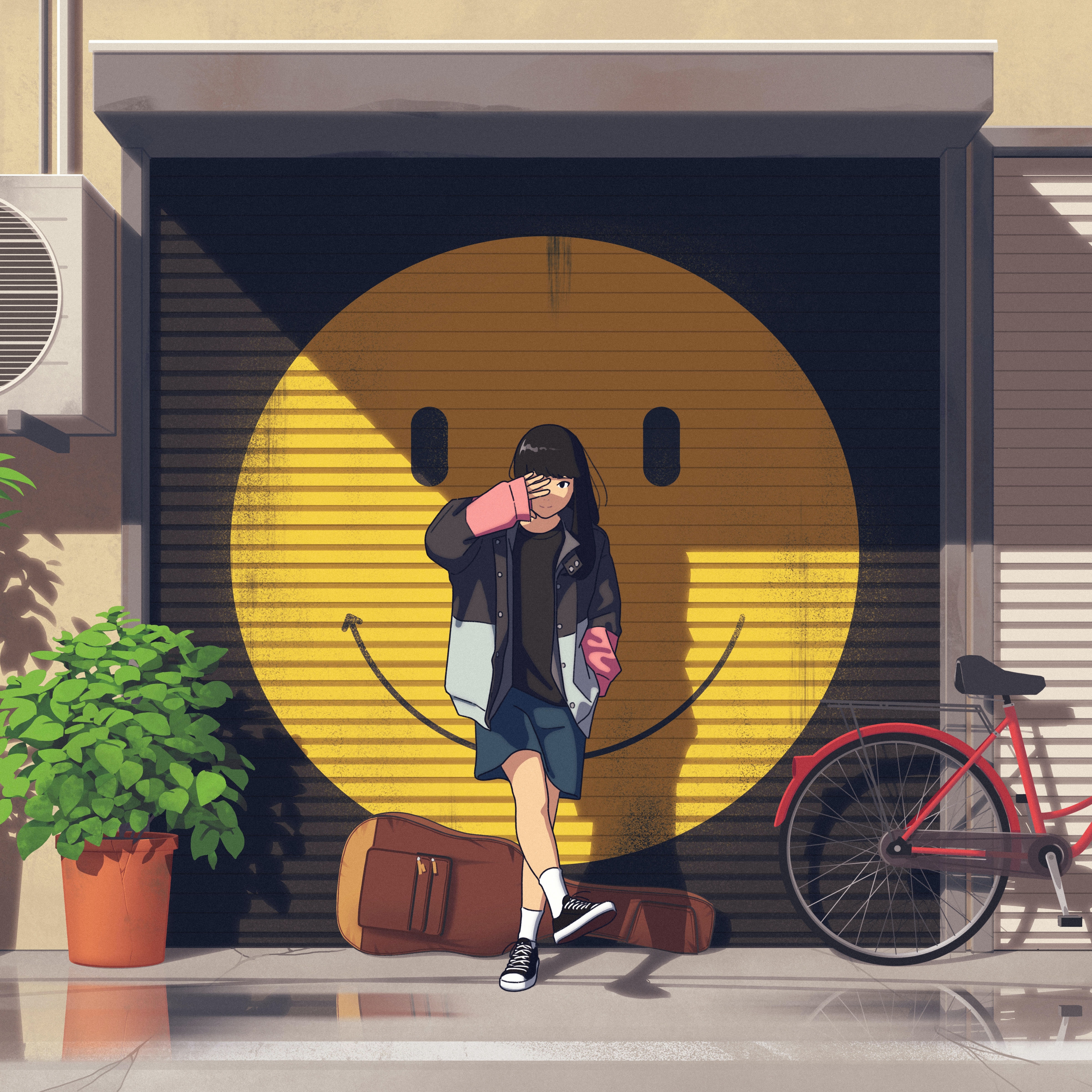 Girl standing in front of a smiley face garage door with a bicycle HD Wallpaper