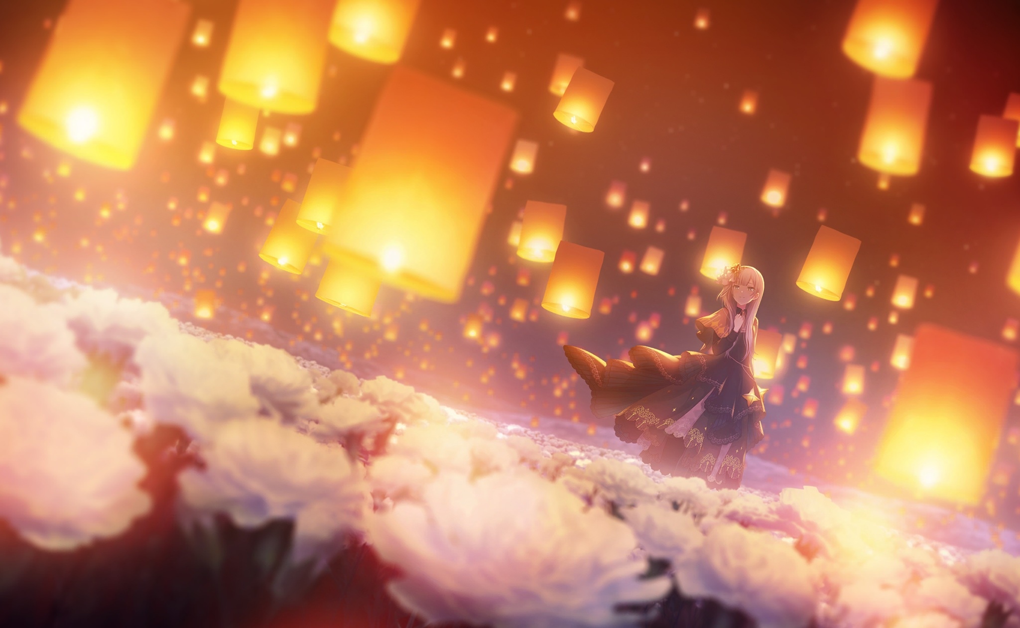 Girl in a field of flowers with lanterns HD Wallpaper