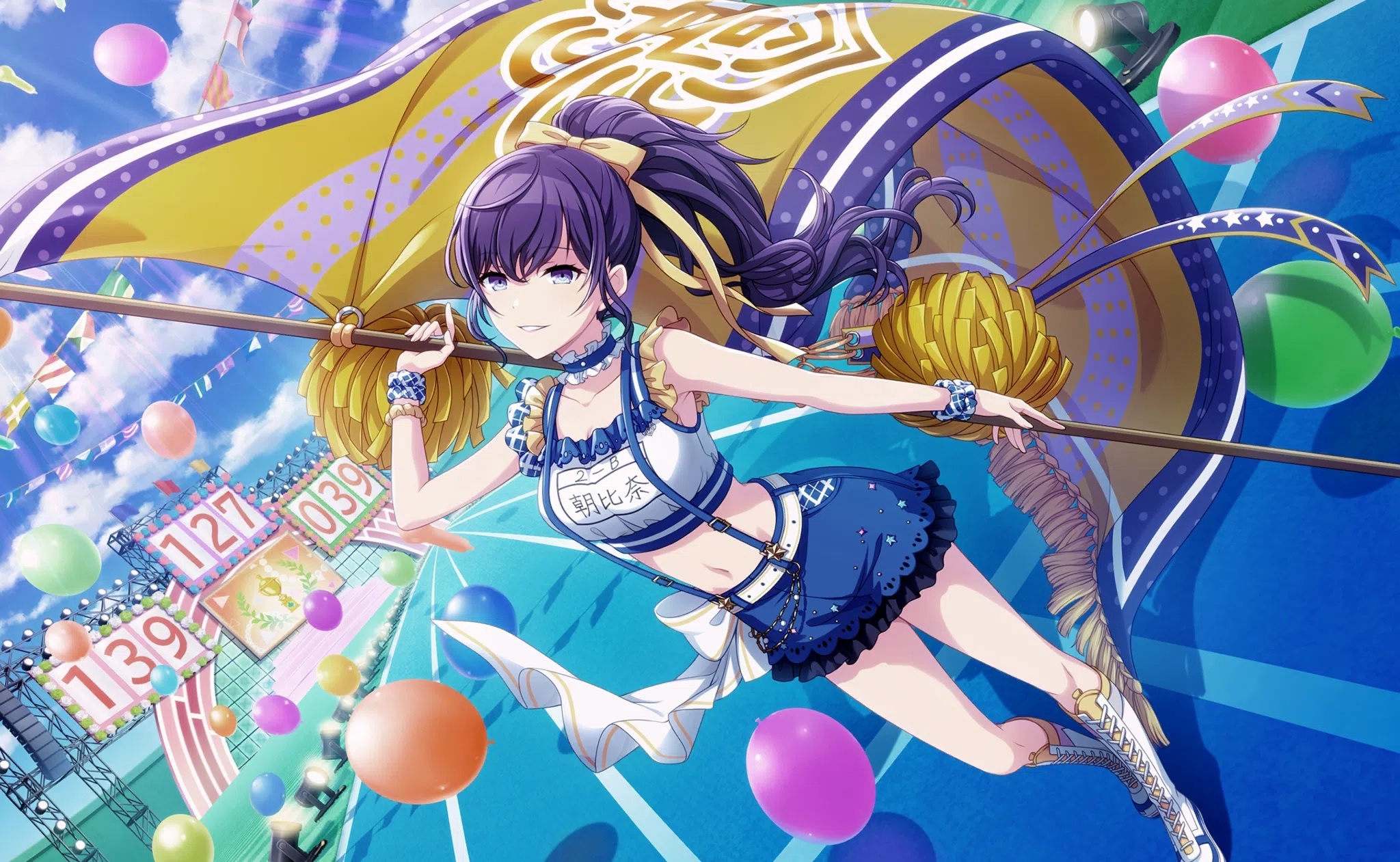 Girl with purple ponytail and cheerleader outfit holding a flag HD Wallpaper
