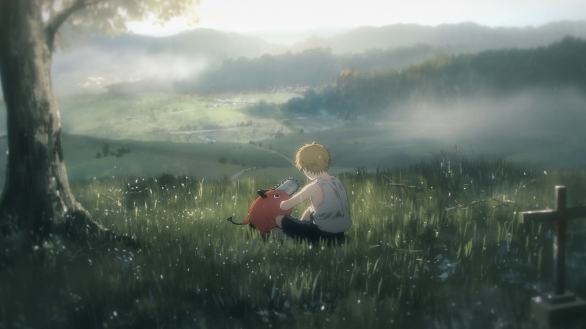 Chainsaw Man: Denji and Pochita in a field HD Wallpaper