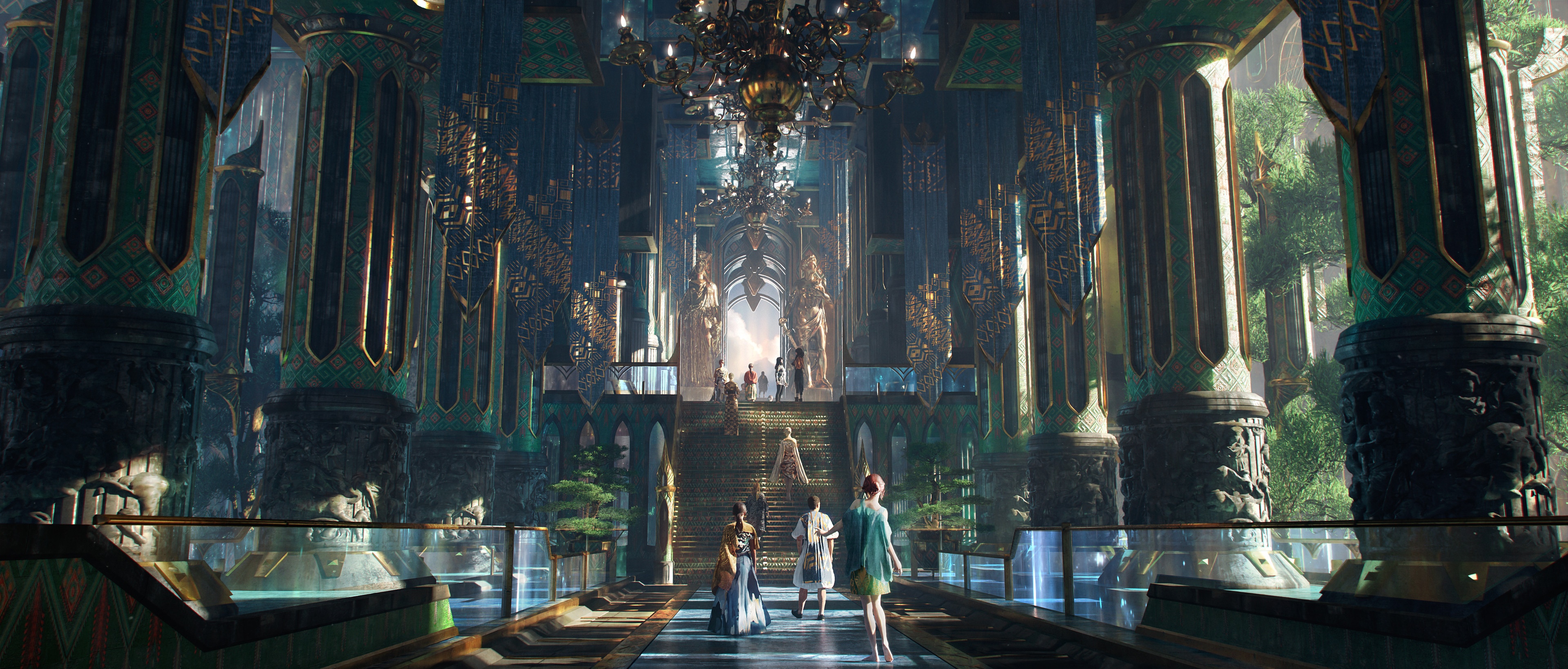 Fantasy Hallway with Pillars and Statues HD Wallpaper