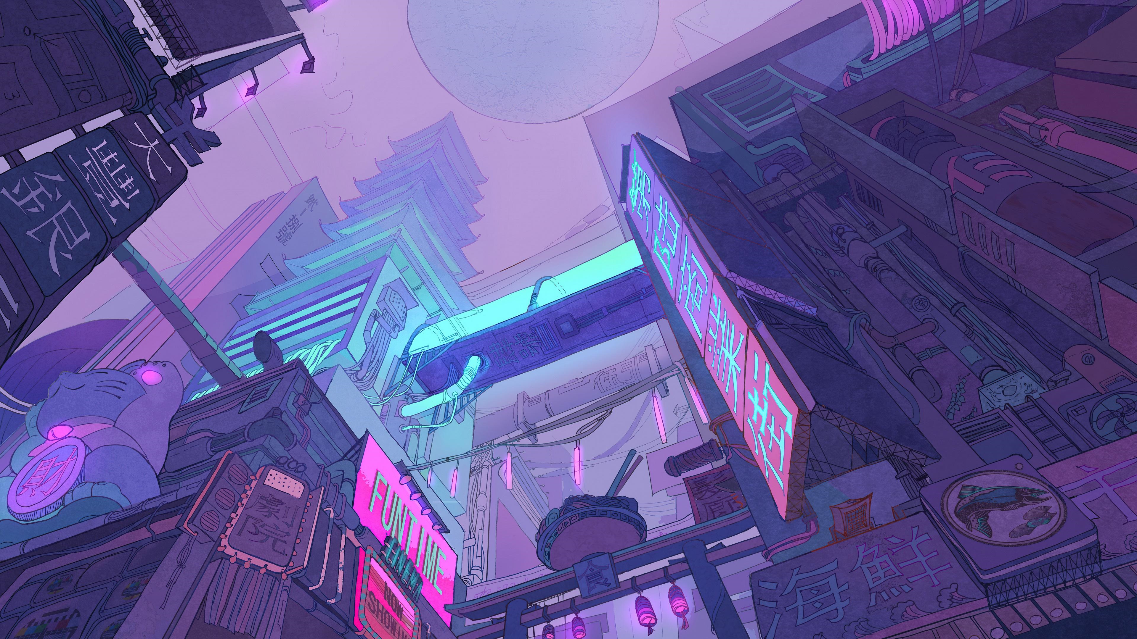 Cyberpunk Japanese Cityscape with Neon Lights HD Wallpaper