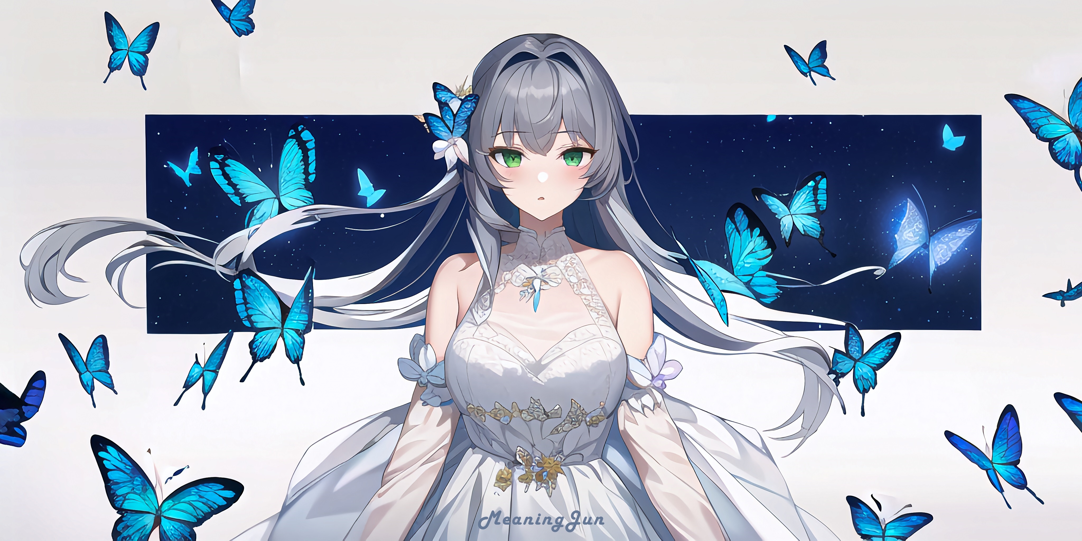 4K Anime Girl in White Dress with Blue Butterflies HD Wallpaper