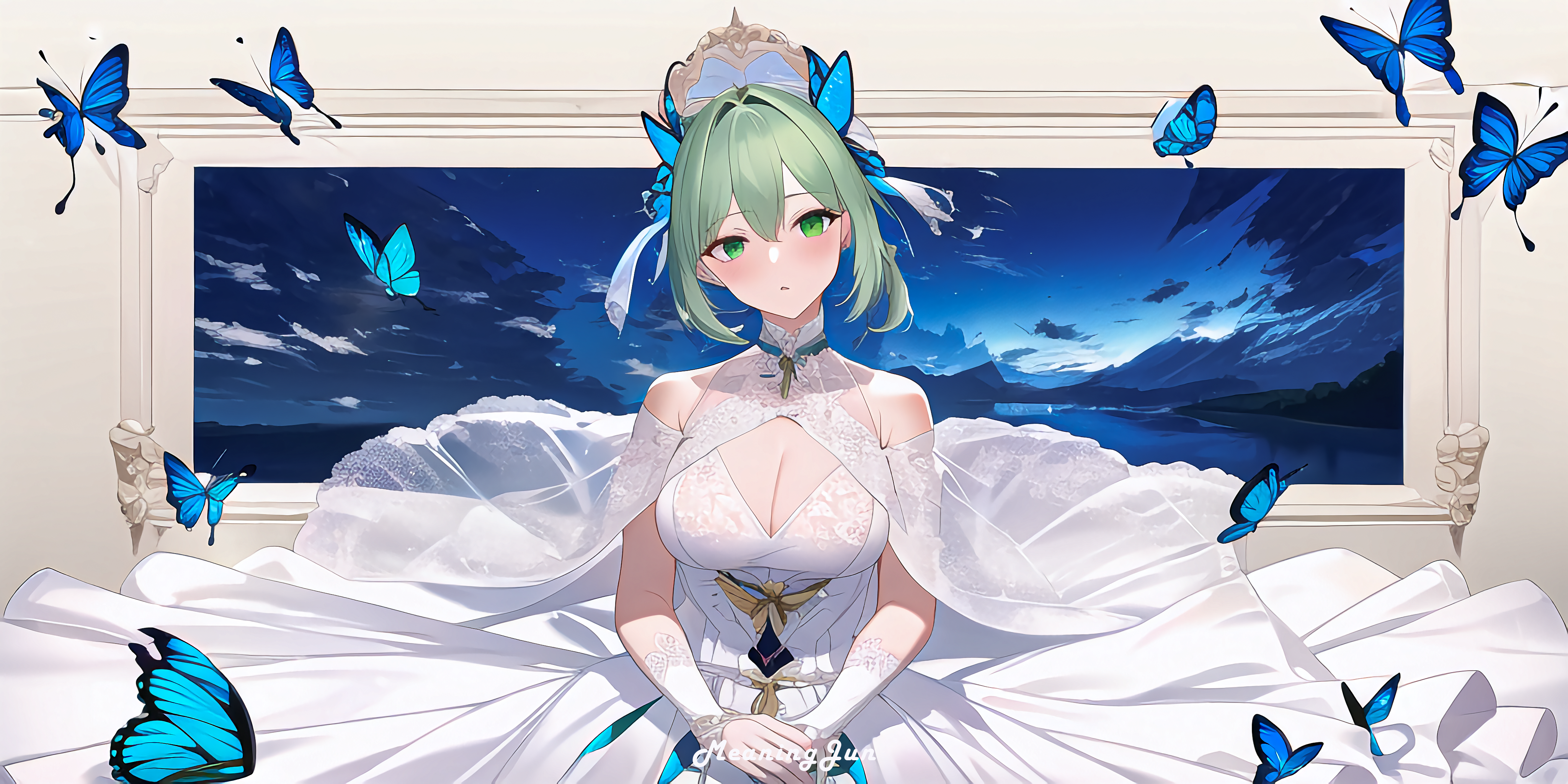 4K Anime Girl in White Dress with Butterflies HD Wallpaper