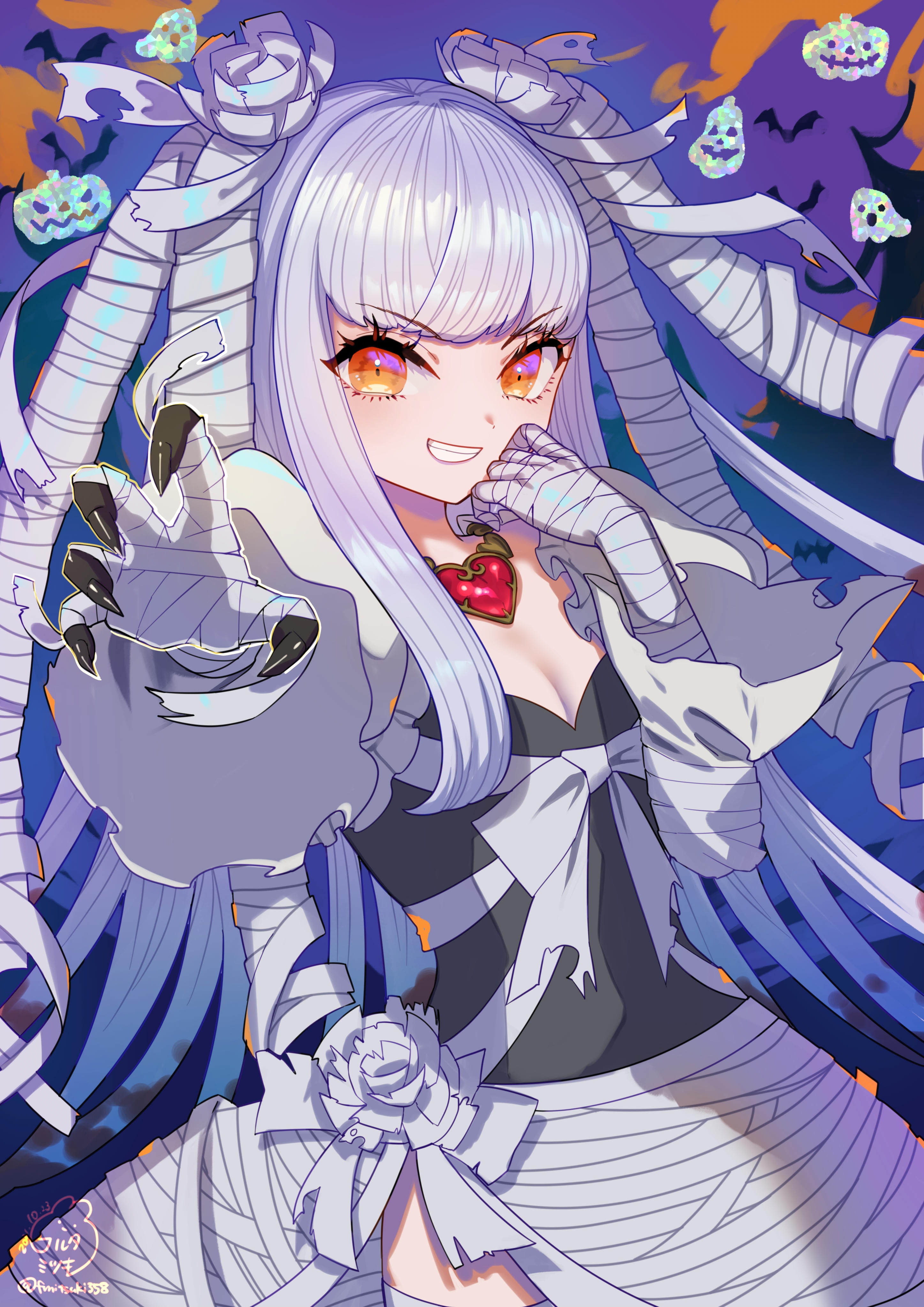 Anime girl in mummy Halloween costume with pumpkins HD Phone Wallpaper