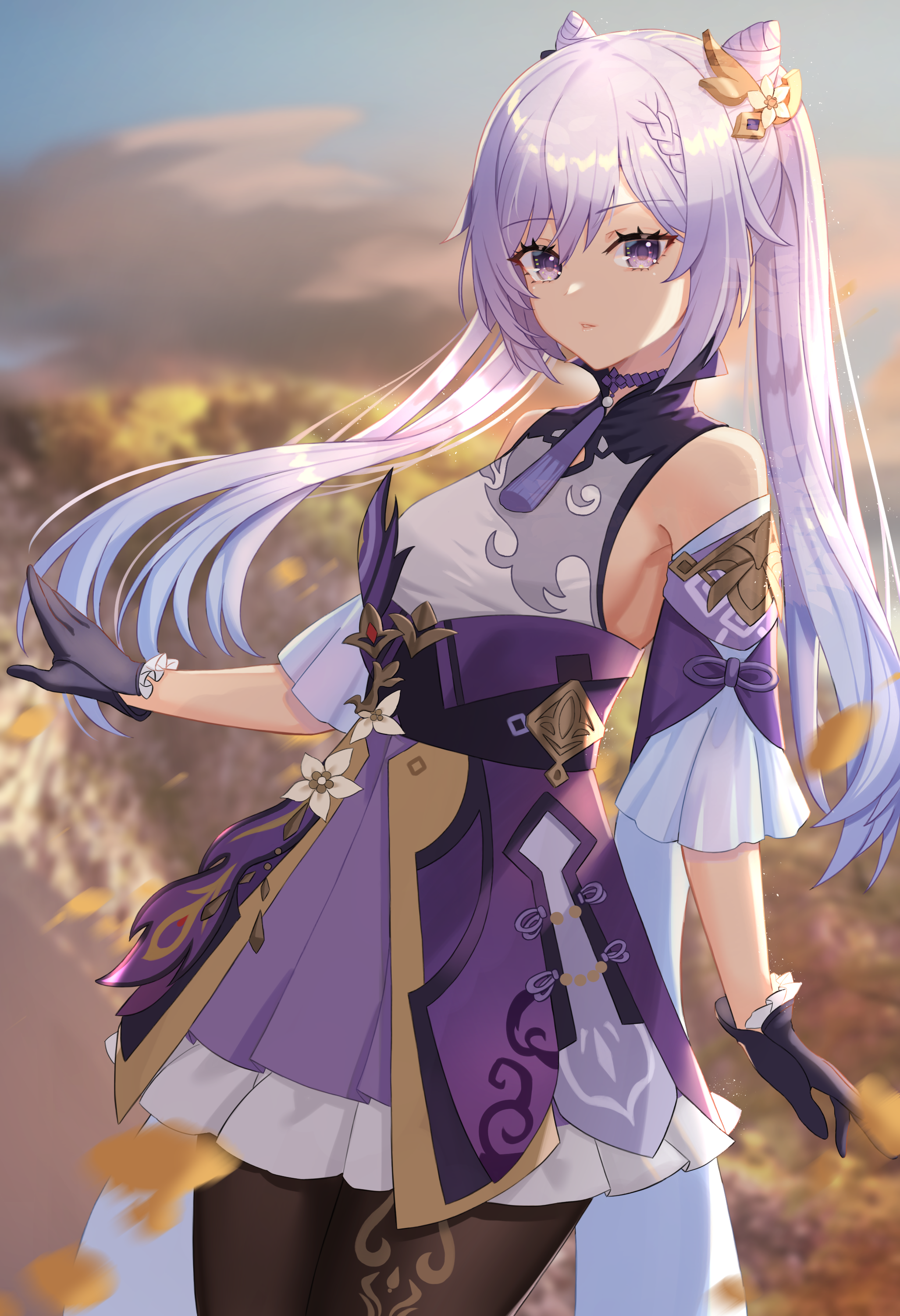 Keqing from Genshin Impact standing outdoors HD Phone Wallpaper