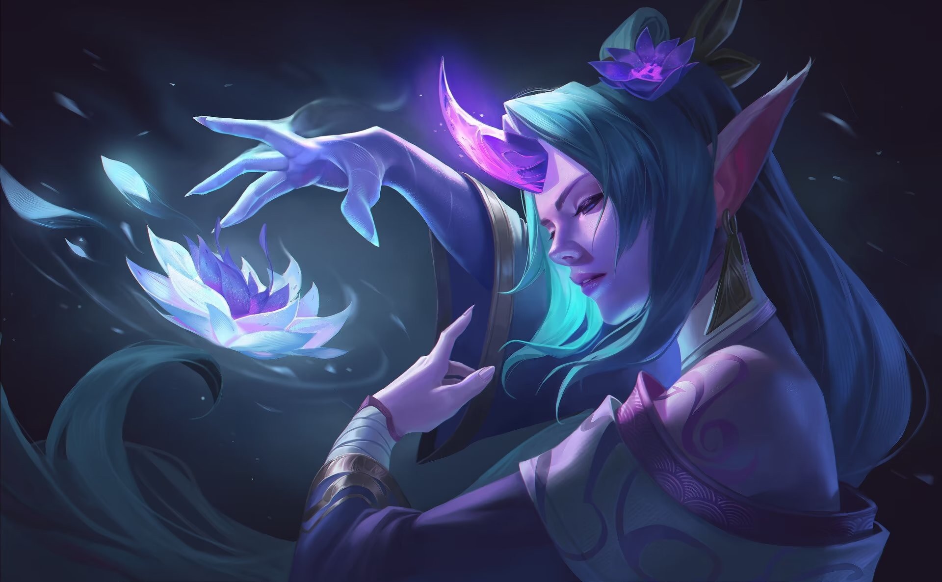Soraka from League of Legends with glowing lotus flowers HD Wallpaper