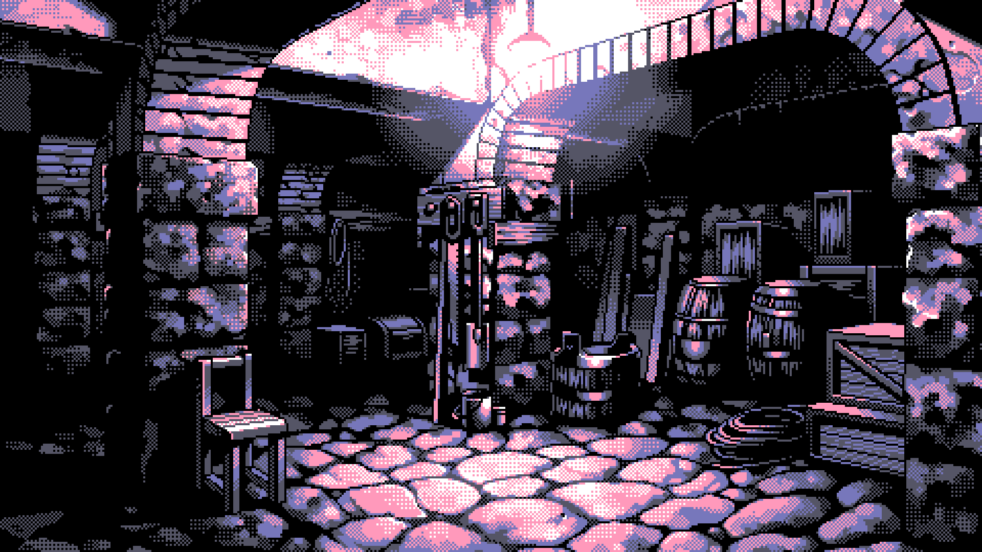 Pixel art of a dimly lit stone chamber with barrels and a chair HD Wallpaper