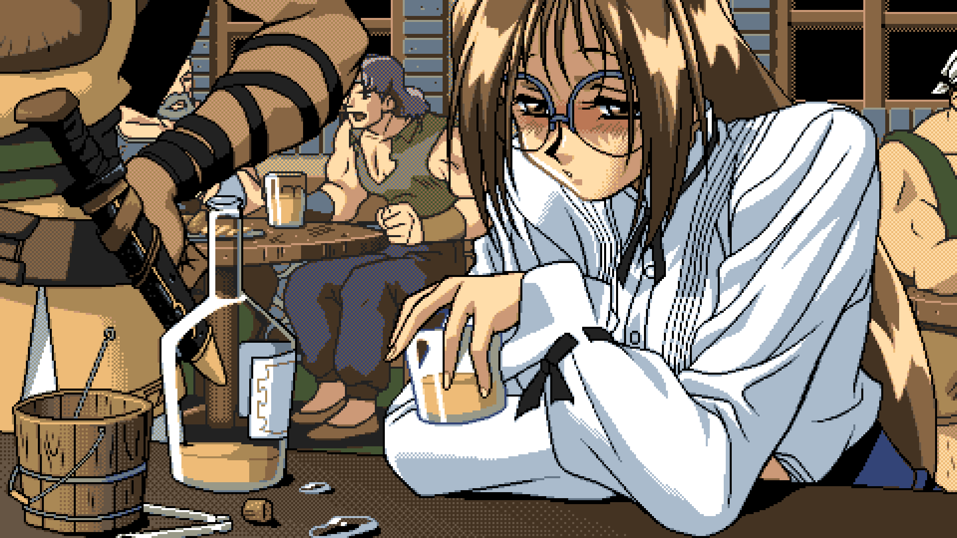 Anime girl with glasses drinking at a bar HD Wallpaper